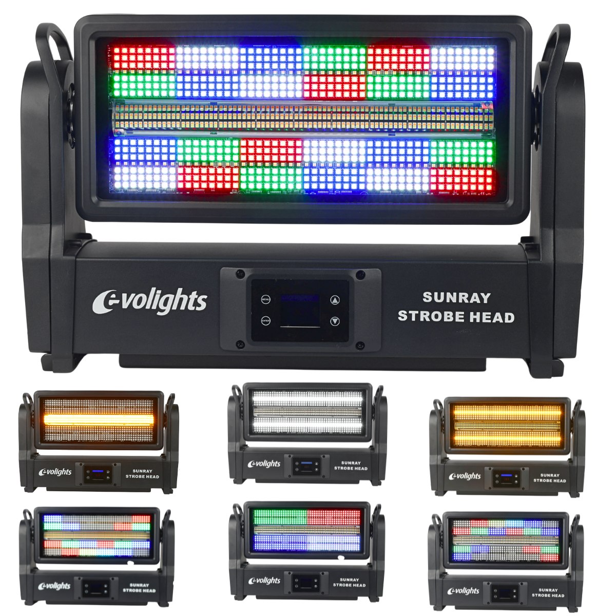 EVOLIGHTS SUNRAY STROBE HEAD ruchomy stroboskop sceniczny IP65 oświetlenie LED efekt świetlny 576x0,2W RGB SMD 5050+336x1W CW/A SMD 3030 2x uchwyt montażowy omega