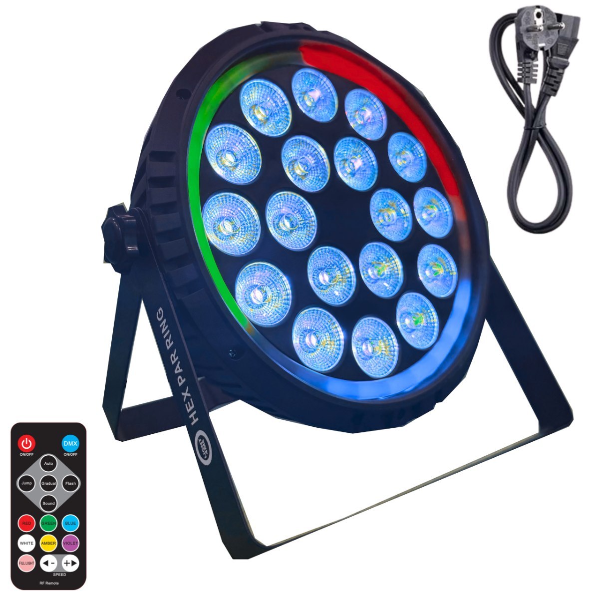 LIGHT4ME HEX PAR RING reflektor sceniczny efekt oświetleniowy DMX 18x6W RGBWA+UV LED+30x0,3W RGB SMD 5050 LED efekt ring pilot bezprzewodowy 2x uchwyt montażowy
