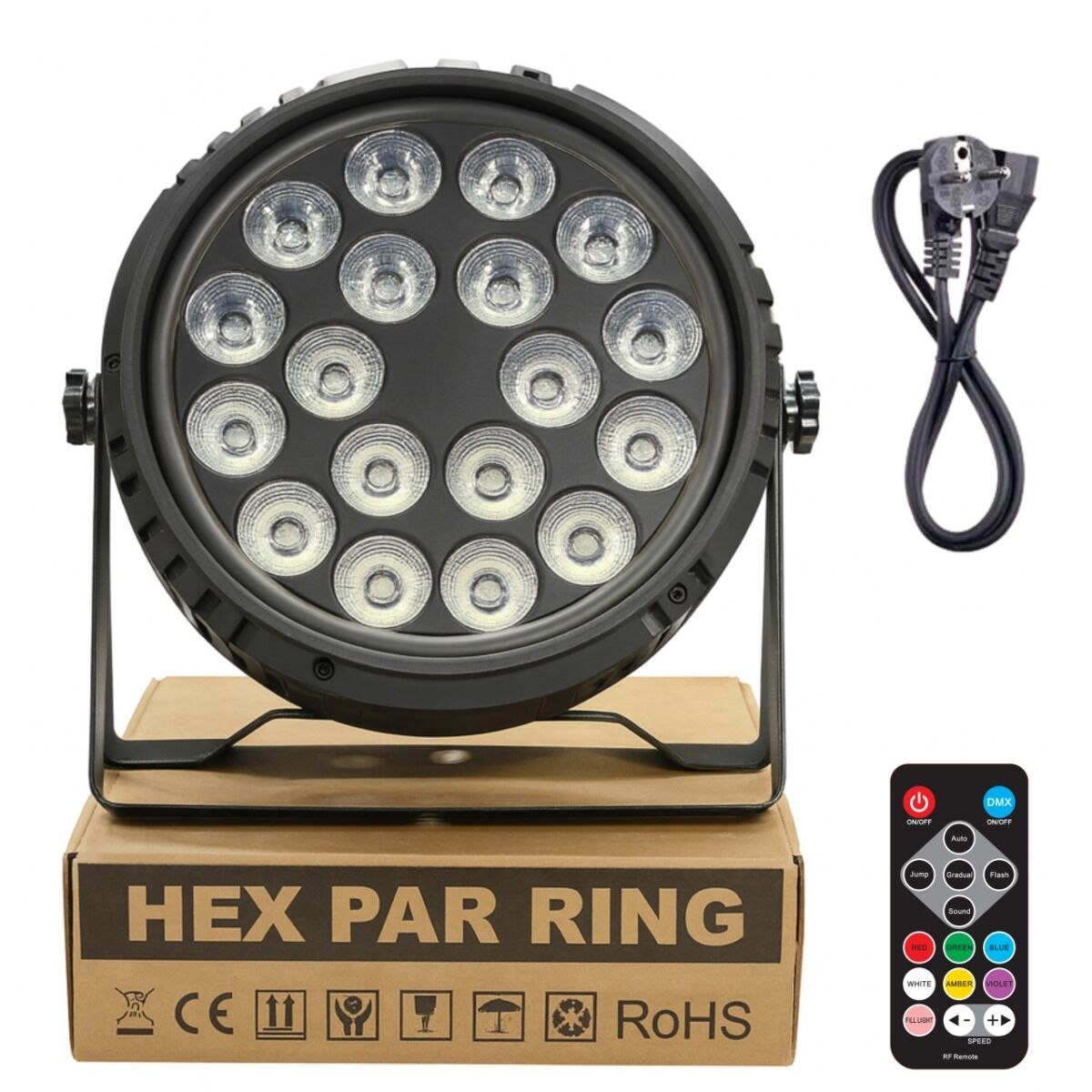 LIGHT4ME HEX PAR RING reflektor sceniczny efekt oświetleniowy DMX 18x6W RGBWA+UV LED+30x0,3W RGB SMD 5050 LED efekt ring pilot bezprzewodowy 2x uchwyt montażowy