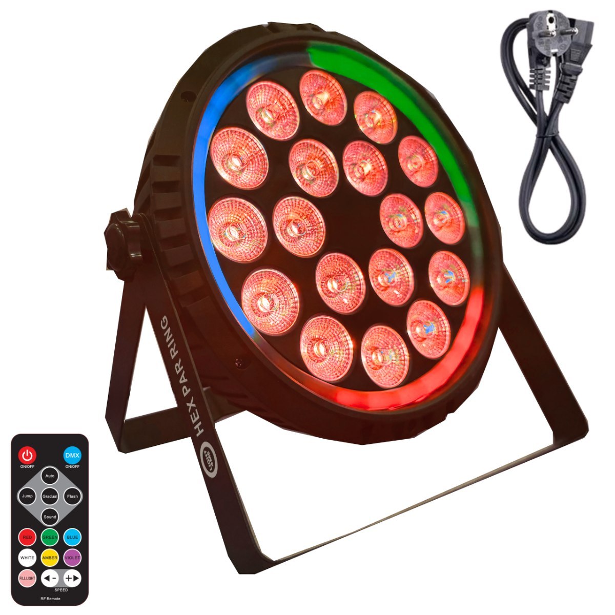 LIGHT4ME HEX PAR RING reflektor sceniczny efekt oświetleniowy DMX 18x6W RGBWA+UV LED+30x0,3W RGB SMD 5050 LED efekt ring pilot bezprzewodowy 2x uchwyt montażowy