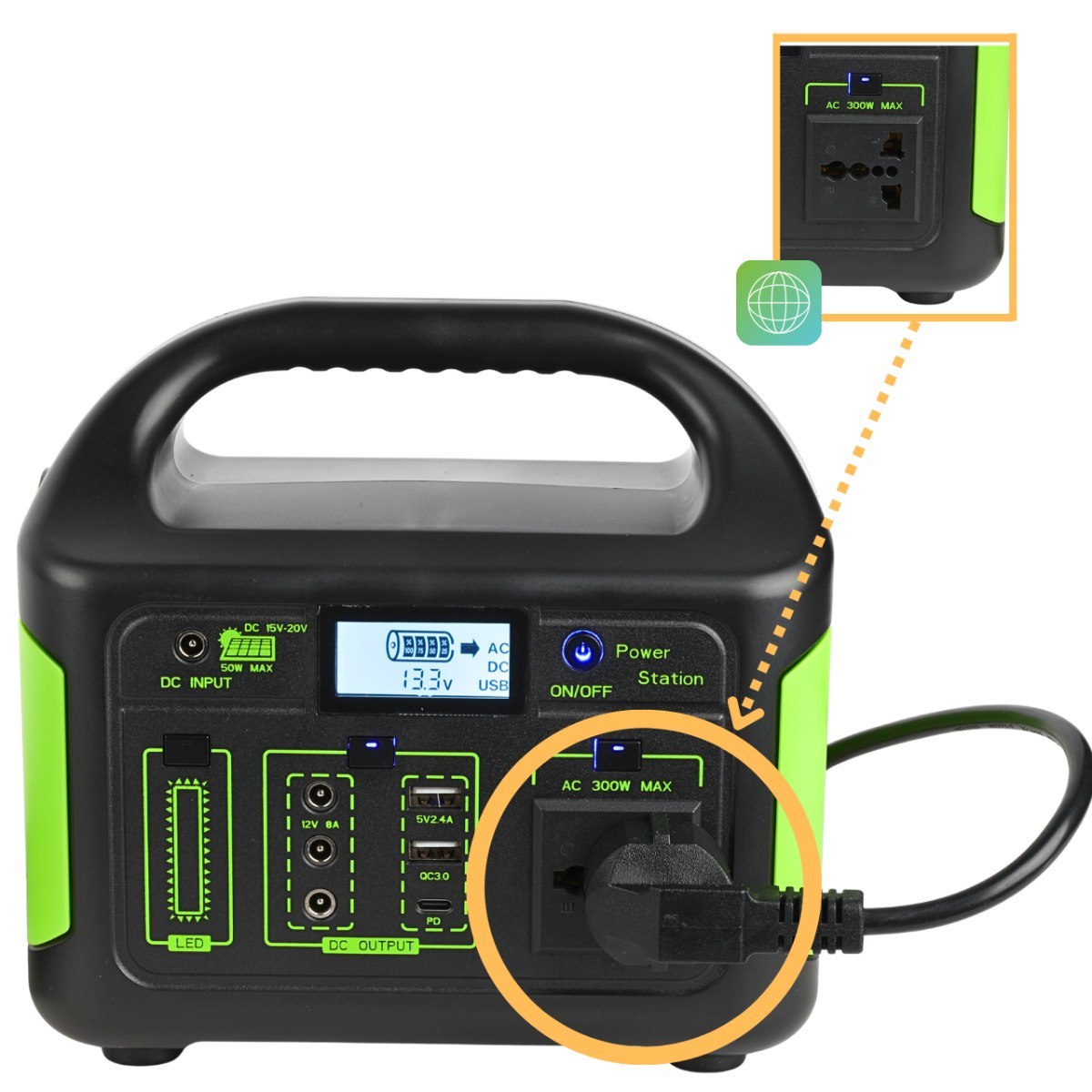 DNA POWER B300 przenośna stacja zasilania powerbank AC 3xDC 2xUSB-A USB-C 300W 256 Wh 20000 mAh źródło światła LED