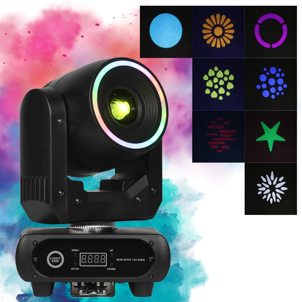 LIGHT4ME MINI SPOT 100 RING głowica ruchoma spot efekt ring oświetlenie sceniczne 100W LED+24x0,2W RGB SMD 5050 uchwyt montażowy omega