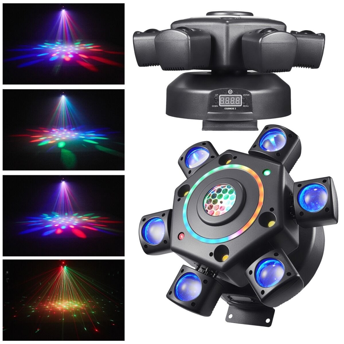 LIGHT4ME COSMOS 2 ruchomy multiefekt świetlny 7w1 LED DMX beam kaleido/gobo ring biały/złoty stroboskop 6x10W RGBW + 6x3W RGBW LED + 23x0,2W RGB + 2x10W W + 2x10W A + laser czerwony 50 mW + laser zielony 50 mW pilot bezprzewodowy uchwyt montażowy