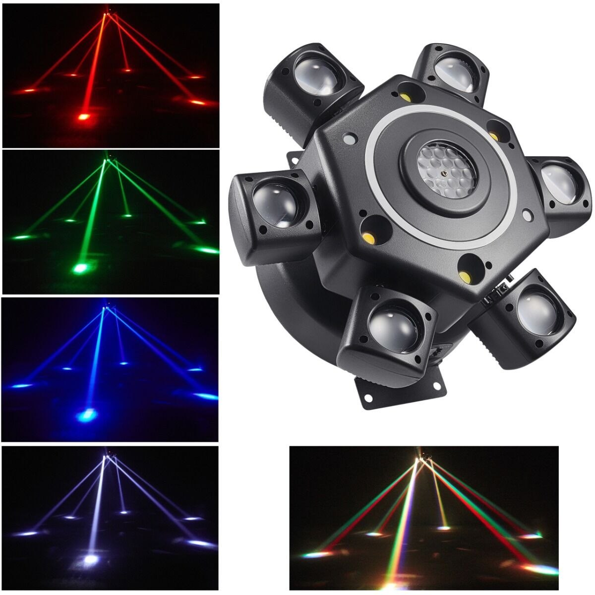 LIGHT4ME COSMOS 2 ruchomy multiefekt świetlny 7w1 LED DMX beam kaleido/gobo ring biały/złoty stroboskop 6x10W RGBW + 6x3W RGBW LED + 23x0,2W RGB + 2x10W W + 2x10W A + laser czerwony 50 mW + laser zielony 50 mW pilot bezprzewodowy uchwyt montażowy