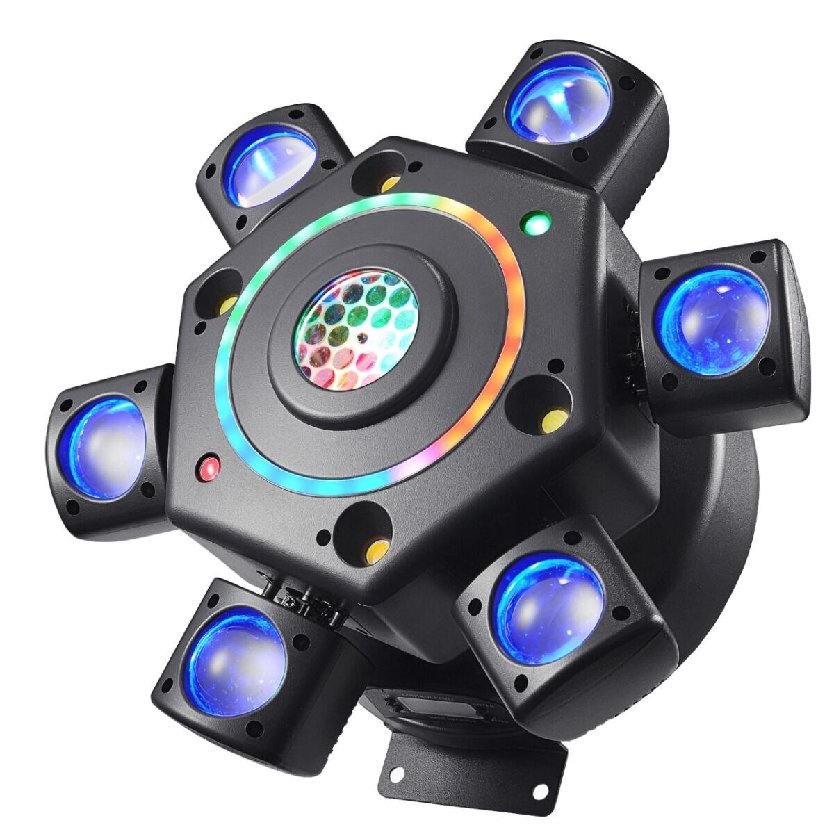 LIGHT4ME COSMOS 2 ruchomy multiefekt świetlny 7w1 LED DMX beam kaleido/gobo ring biały/złoty stroboskop 6x10W RGBW + 6x3W RGBW LED + 23x0,2W RGB + 2x10W W + 2x10W A + laser czerwony 50 mW + laser zielony 50 mW pilot bezprzewodowy uchwyt montażowy