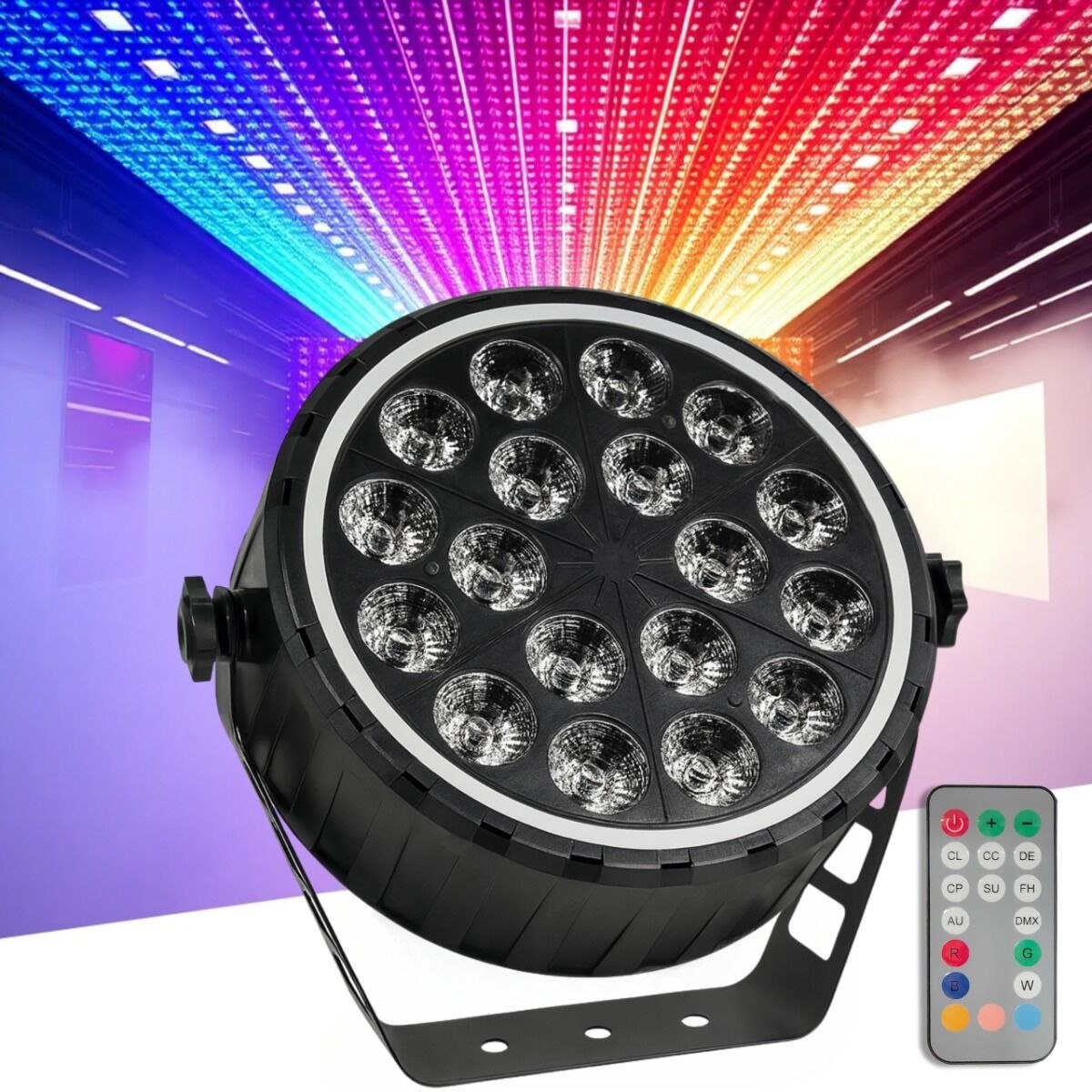 LIGHT4ME RING PAR 18 RGBW reflektor sceniczny efekt oświetleniowy DMX 18x10W RGBW LED+51x0,3W RGB LED efekt ring pilot bezprzewodowy uchwyt montażowy