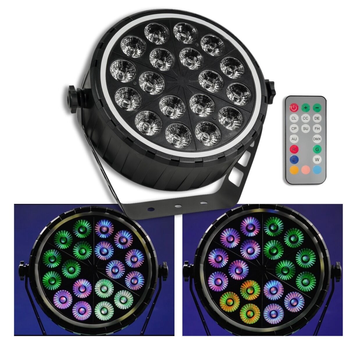 LIGHT4ME RING PAR 18 RGBW reflektor sceniczny efekt oświetleniowy DMX 18x10W RGBW LED+51x0,3W RGB LED efekt ring pilot bezprzewodowy uchwyt montażowy