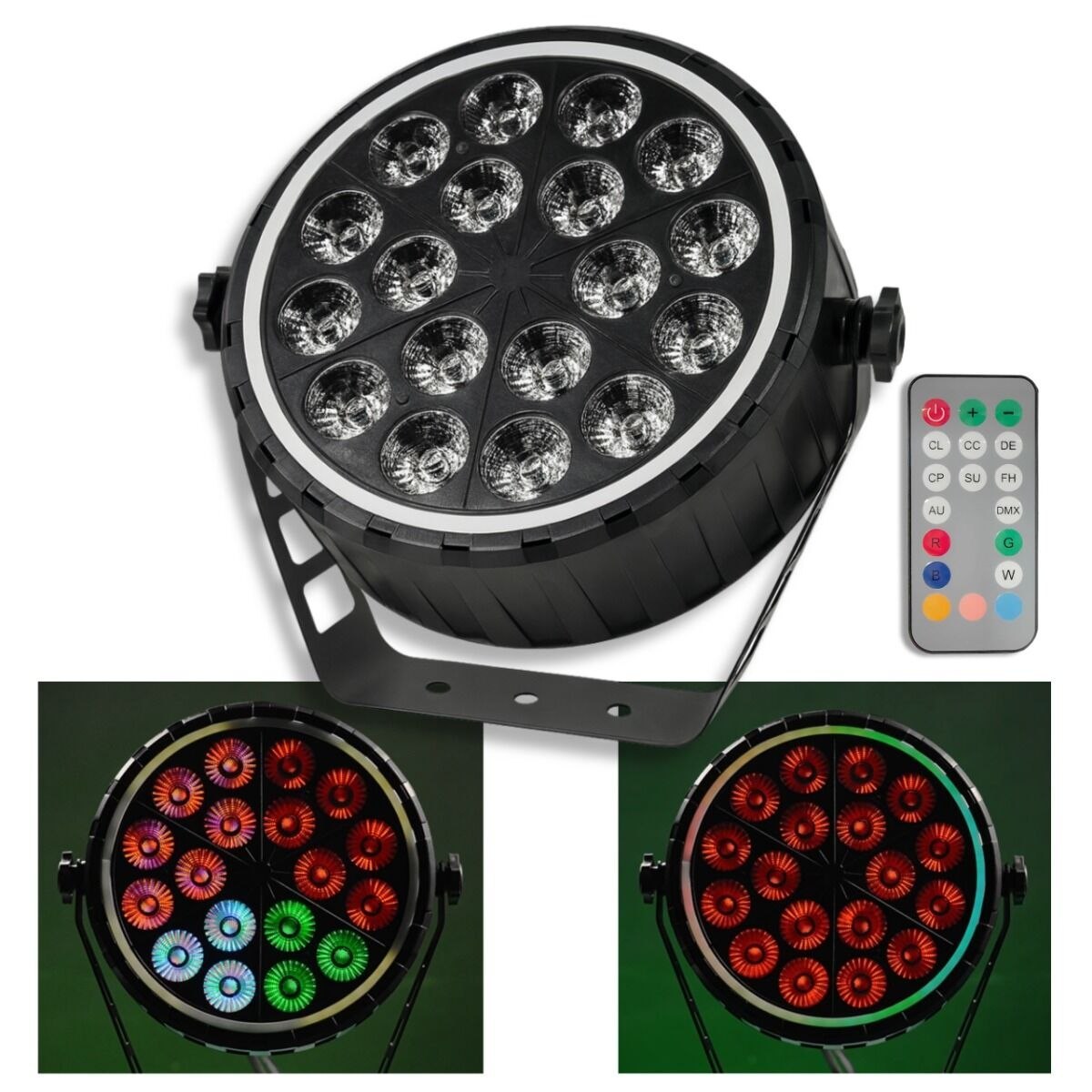 LIGHT4ME RING PAR 18 RGBW reflektor sceniczny efekt oświetleniowy DMX 18x10W RGBW LED+51x0,3W RGB LED efekt ring pilot bezprzewodowy uchwyt montażowy