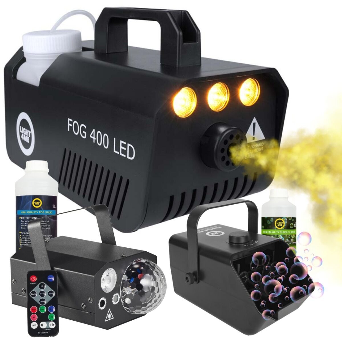 LIGHT4ME GIG SET 2 wytwornica dymu 400W LED płyn do dymu 1l akumulatorowa wytwornica baniek płyn do baniek 1l efekt oświetleniowy 4w1 RGBW+RGB+laser R/G zestaw na event imprezę