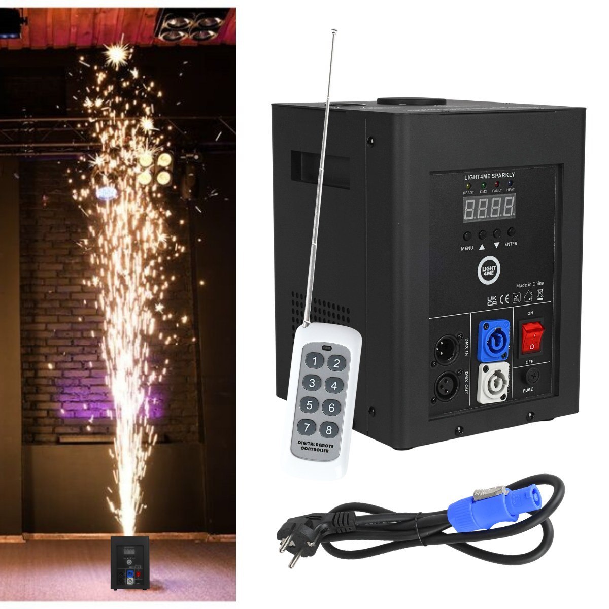 LIGHT4ME SPARKLY wytwornica maszyna do iskier zimnych ogni 600W DMX pilot bezprzewodowy wysokość emisji do 5 m