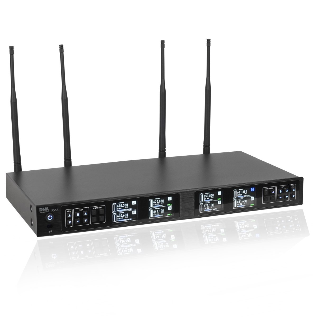 DNA RV-8 zestaw bezprzewodowy 8x bateryjny mikrofon doręczny odbiornik UHF 610-690 MHz 8x40 kanałów