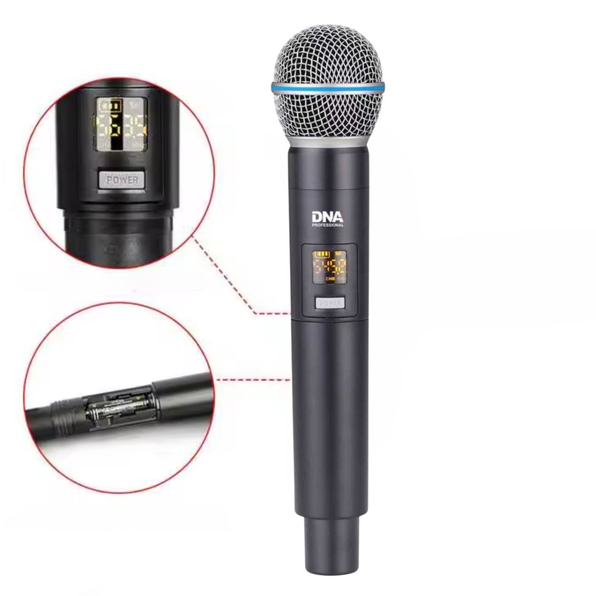 DNA BAT VOCAL SET zestaw bezprzewodowy akumulatorowy mikrofon doręczny odbiornik UHF 518-542 MHz pierścień przeciw toczeniu adapter jack 6,35 mm - jack 3,5 mm 2x osłona przeciwwietrzna