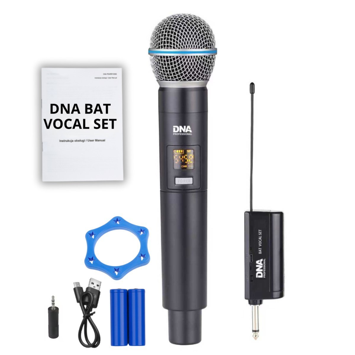 DNA BAT VOCAL SET zestaw bezprzewodowy akumulatorowy mikrofon doręczny odbiornik UHF 518-542 MHz pierścień przeciw toczeniu adapter jack 6,35 mm - jack 3,5 mm 2x osłona przeciwwietrzna