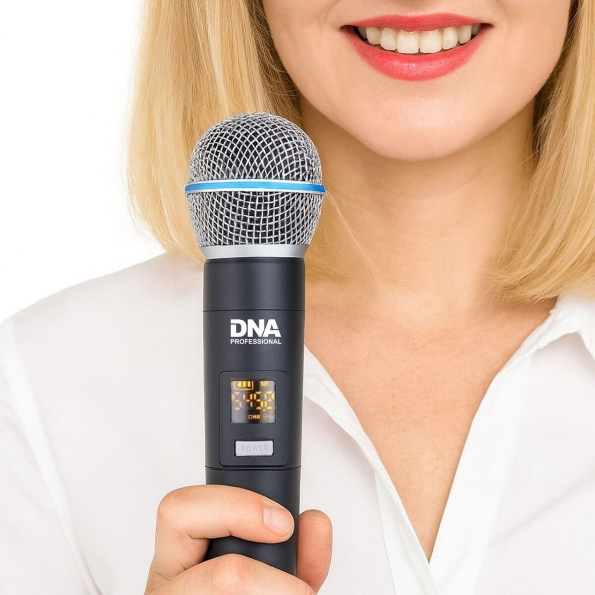 DNA BAT DUAL VOCAL SET zestaw bezprzewodowy akumulatorowy 2x mikrofon doręczny odbiornik UHF 518-542 MHz pierścień przeciw toczeniu adapter jack 6,35 mm - jack 3,5 mm 2x osłona przeciwwietrzna