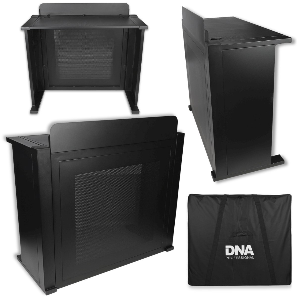 DNA DJ BOOTH MESH BK stanowisko DJ stół czarny stalowy siatka perforowana osłona blatu pokrowiec transportowy zestaw do 50 kg