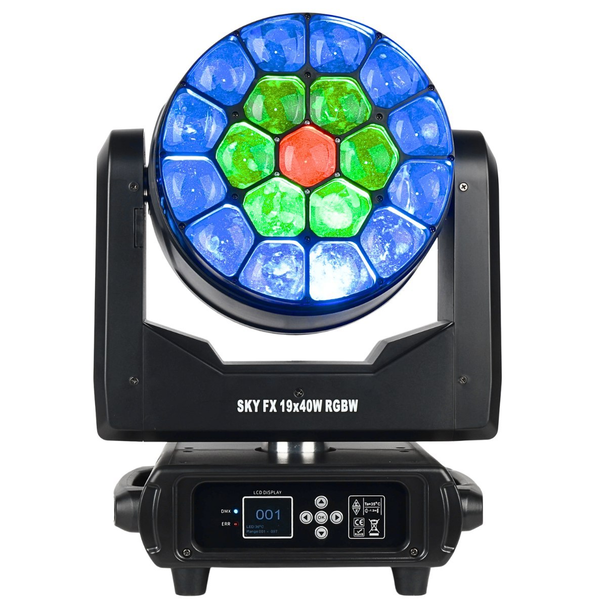 LIGHT4ME SKY FX 19x40W RGBW głowica ruchoma wash oświetlenie sceniczne LED DMX 2x uchwyt montażowy omega