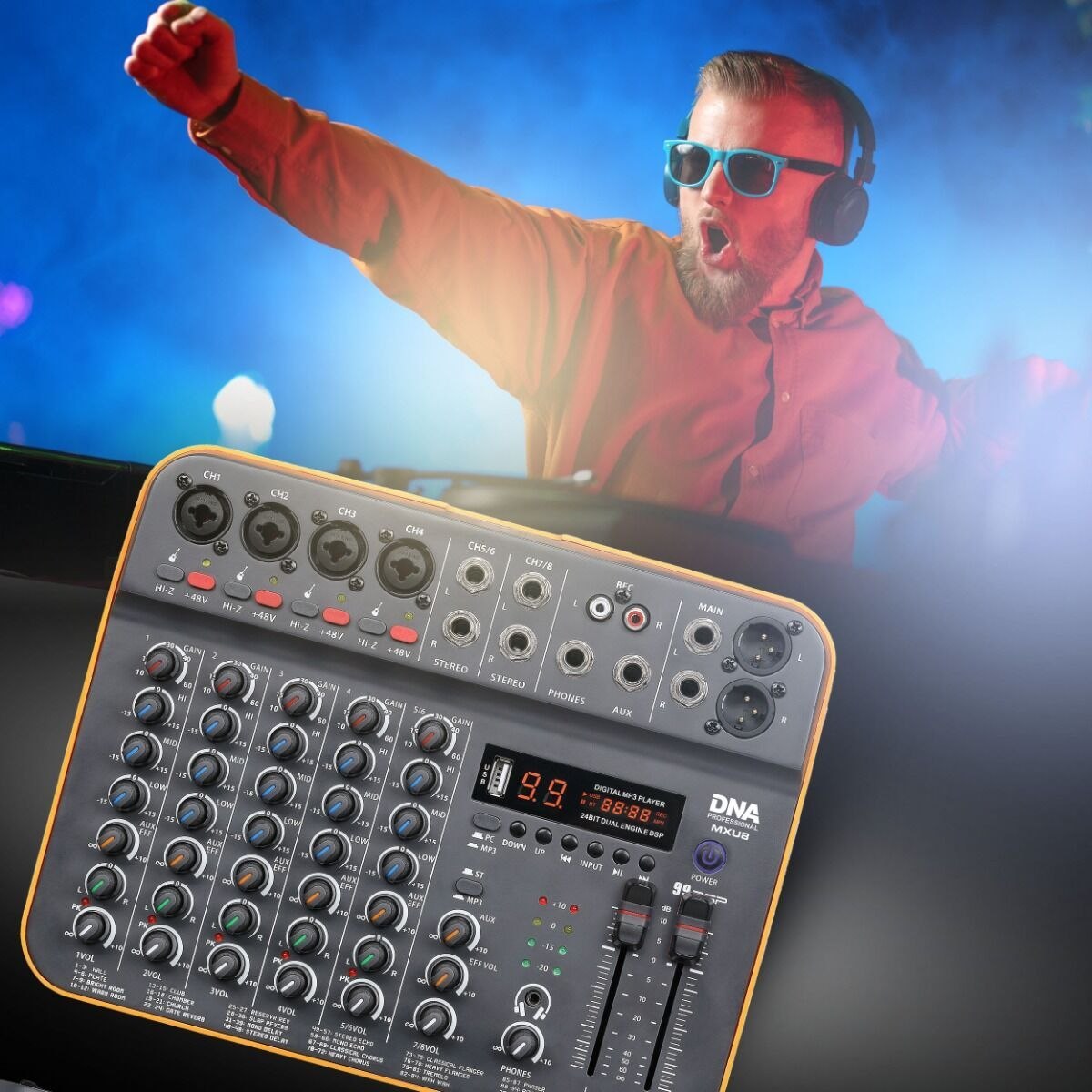 DNA MXU8 analogowy mikser dźwięku Bluetooth DSP EQ MP3 Phantom +48V USB-C 8 kanałów