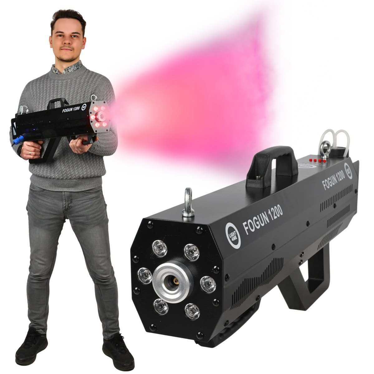 LIGHT4ME FOGun 1200 generator wytwornica dymu mgły 1200W karabin 6x3W RGB LED pasek na ramię