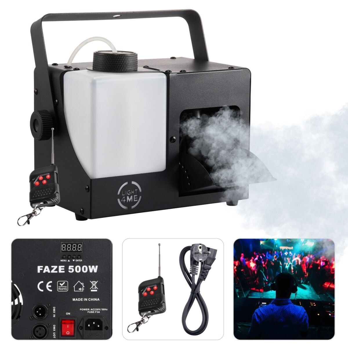LIGHT4ME FAZE 500W generator wytwornica dymu mgły DMX pilot bezprzewodowy uchwyt montażowy