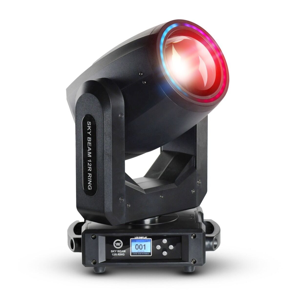 LIGHT4ME SKY BEAM 12R RING głowica ruchoma beam oświetlenie sceniczne DMX lampa wyładowcza 295W efekt ring 27x0,2W RGB SMD5050 LED 2x uchwyt montażowy omega