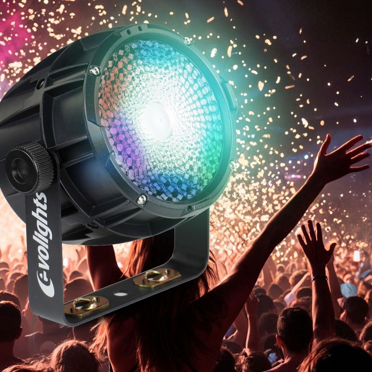 EVOLIGHTS CANDY PAR IP65 reflektor sceniczny oświetlenie zewnętrzne LED DMX 120W RGBW+30x0,2W RGB uchwyt montażowy