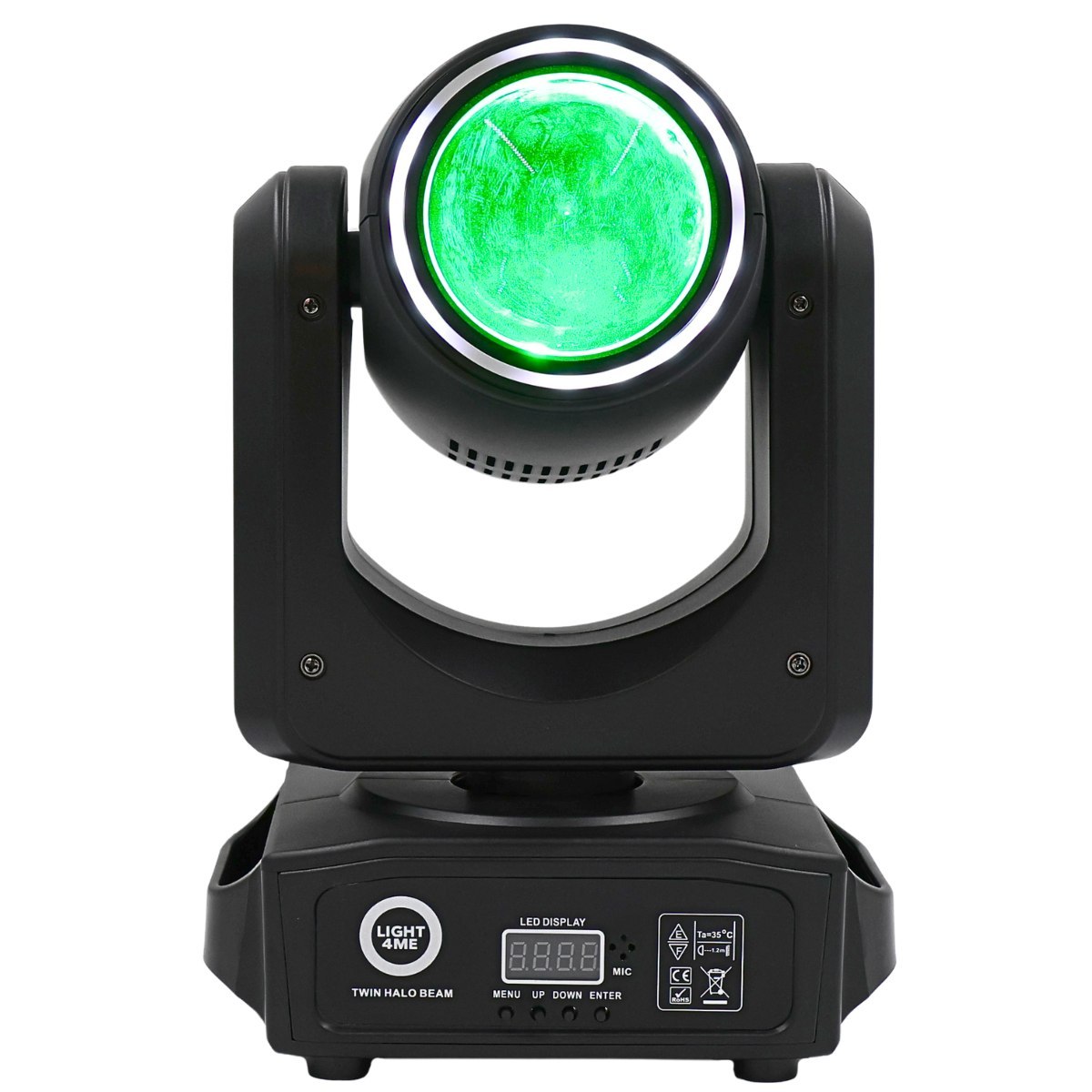 LIGHT4ME TWIN HALO BEAM podwójna głowica ruchoma beam 2x60W RGBW LED oświetlenie sceniczne DMX efekt ring 40x0,3W RGB SMD uchwyt montażowy omega