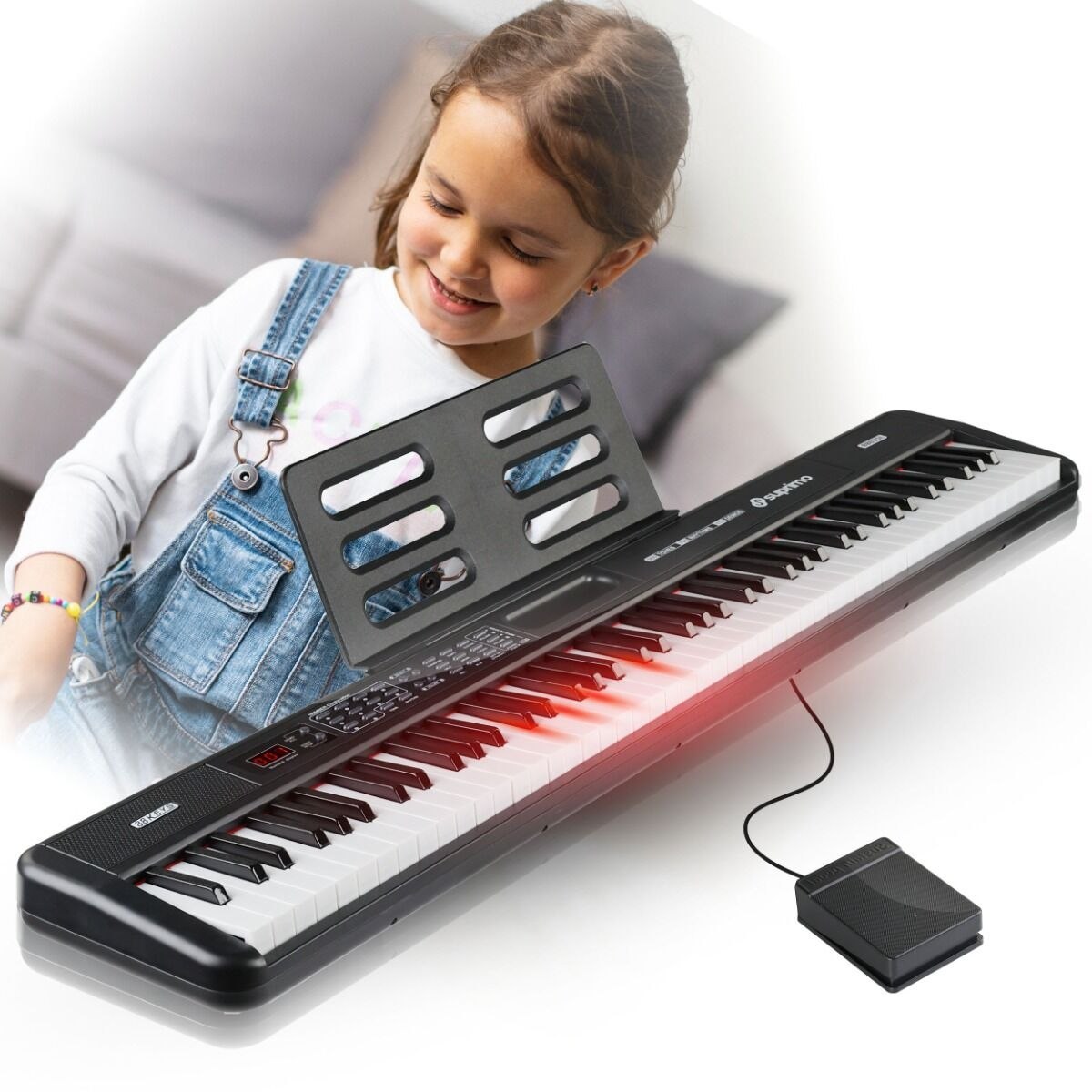 SUPRIMO 88035L pianino cyfrowe edukacyjne 88 klawiszy podświetlana klawiatura instrument dla dzieci do nauki gry pulpit do nut pedał sustain zestaw