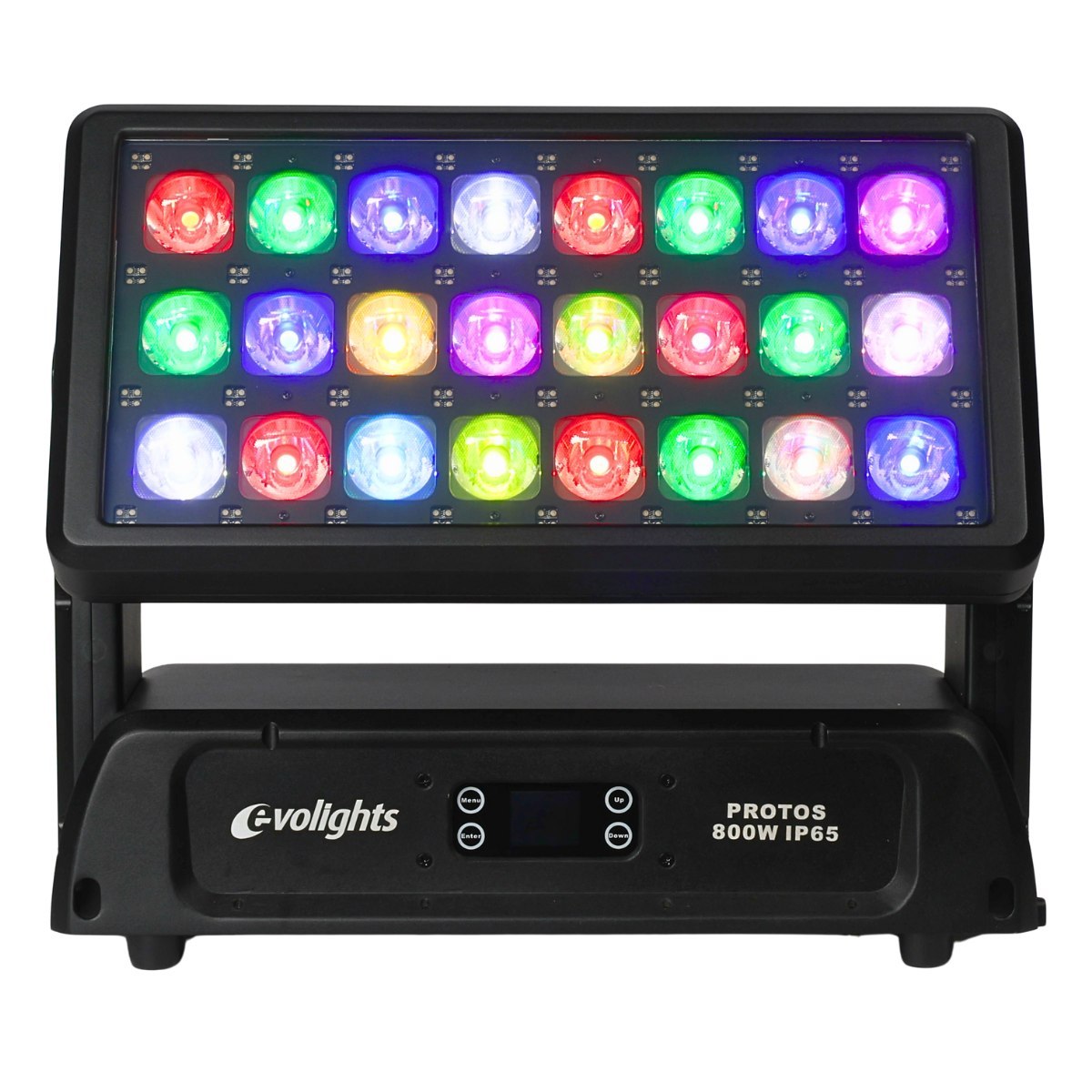 EVOLIGHTS PROTOS 800W IP65 wall washer oświetlenie zewnętrzne LED Art-Net DMX RDM sACN 24x25W RGBL LED 4w1 + 144x0,3W RGBW LED efekt aura