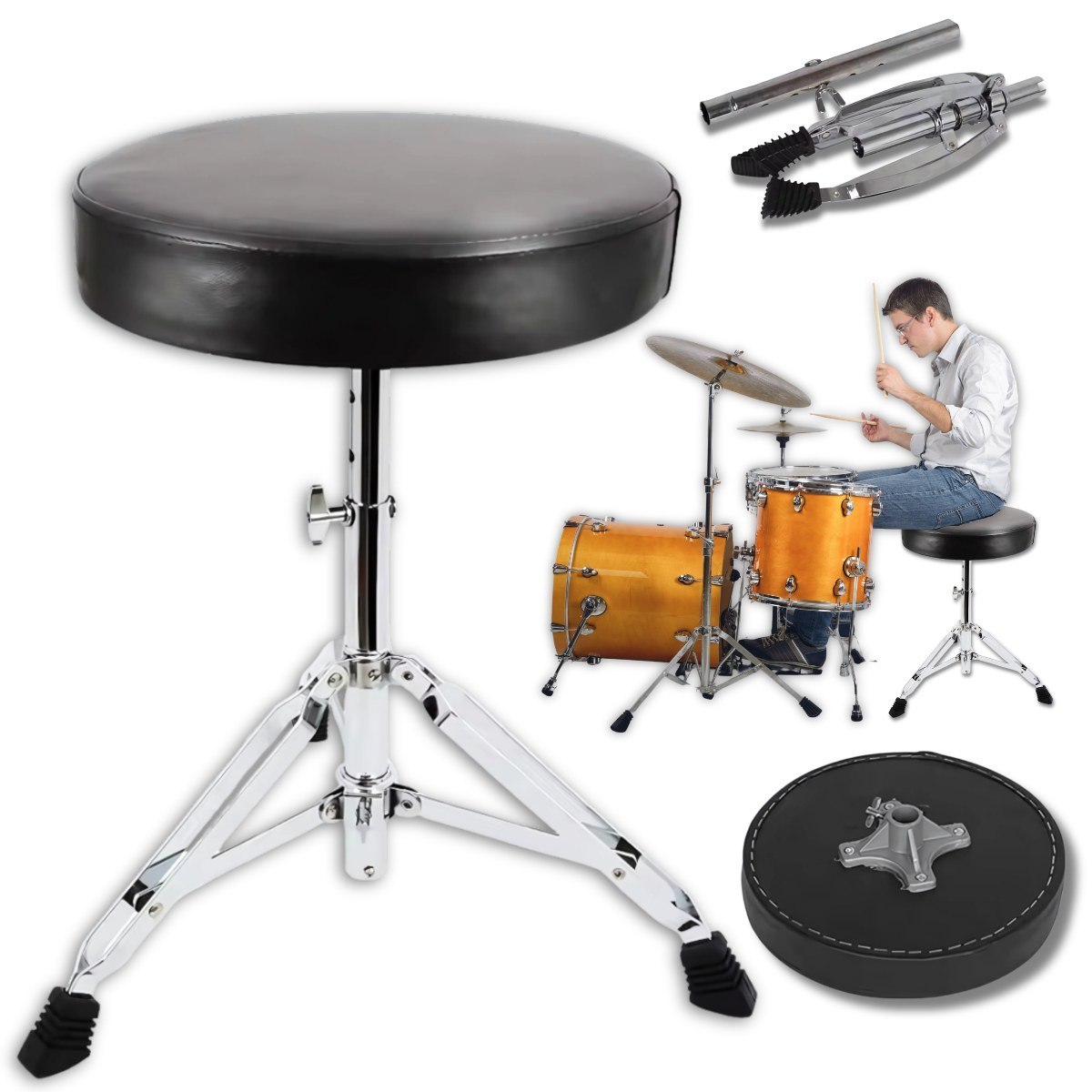 SUPRIMO DT1 stołek perkusyjny taboret siedzisko dla perkusisty okrągły regulowany 38-58 cm nóżki antypoślizgowe do 50 kg