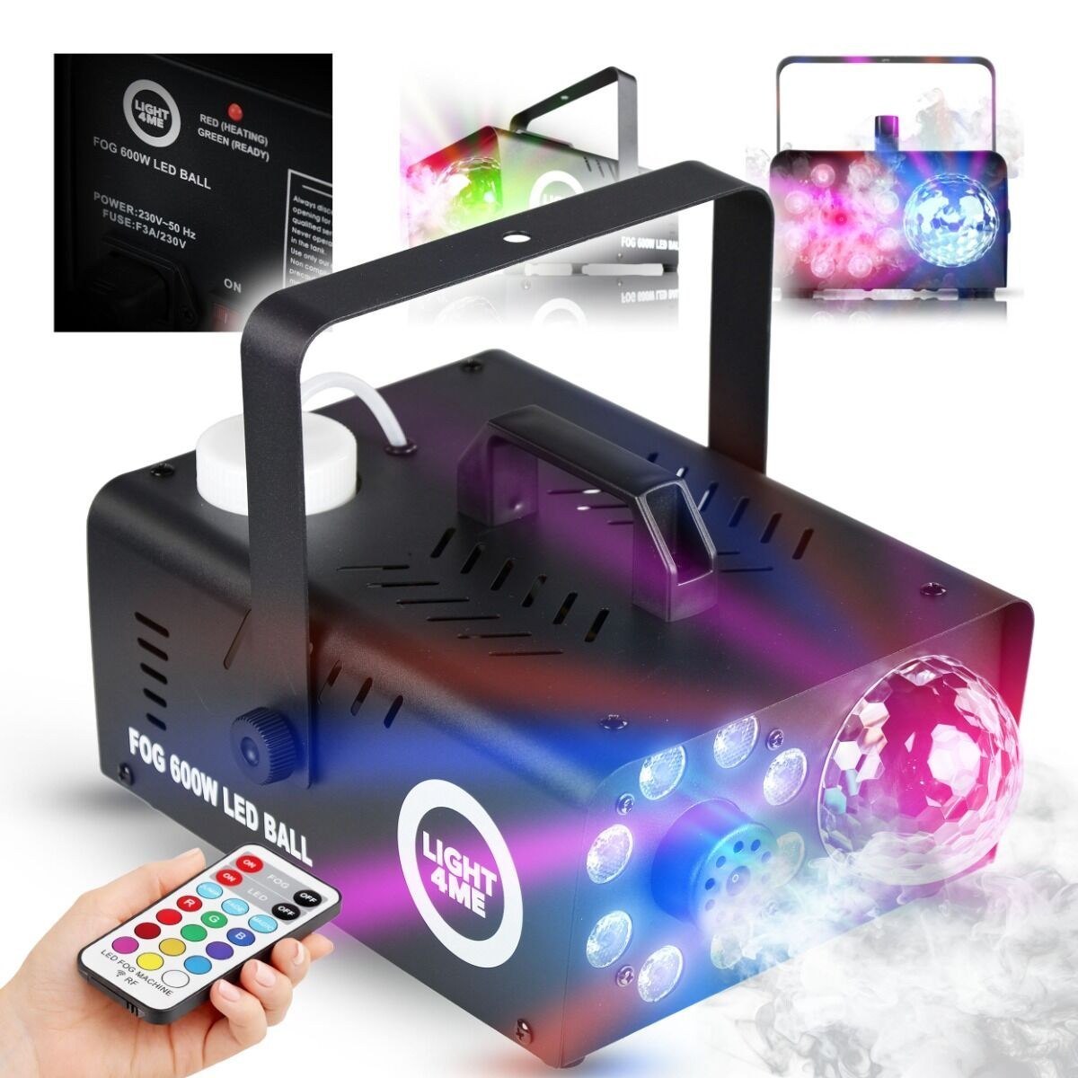 LIGHT4ME FOG 600W LED BALL generator wytwornica dymu mgły efekt podświetlenia dymu 8x1W RGB kula dyskotekowa 6x1W R/G/B/W/A/P pilot bezprzewodowy uchwyt montażowy
