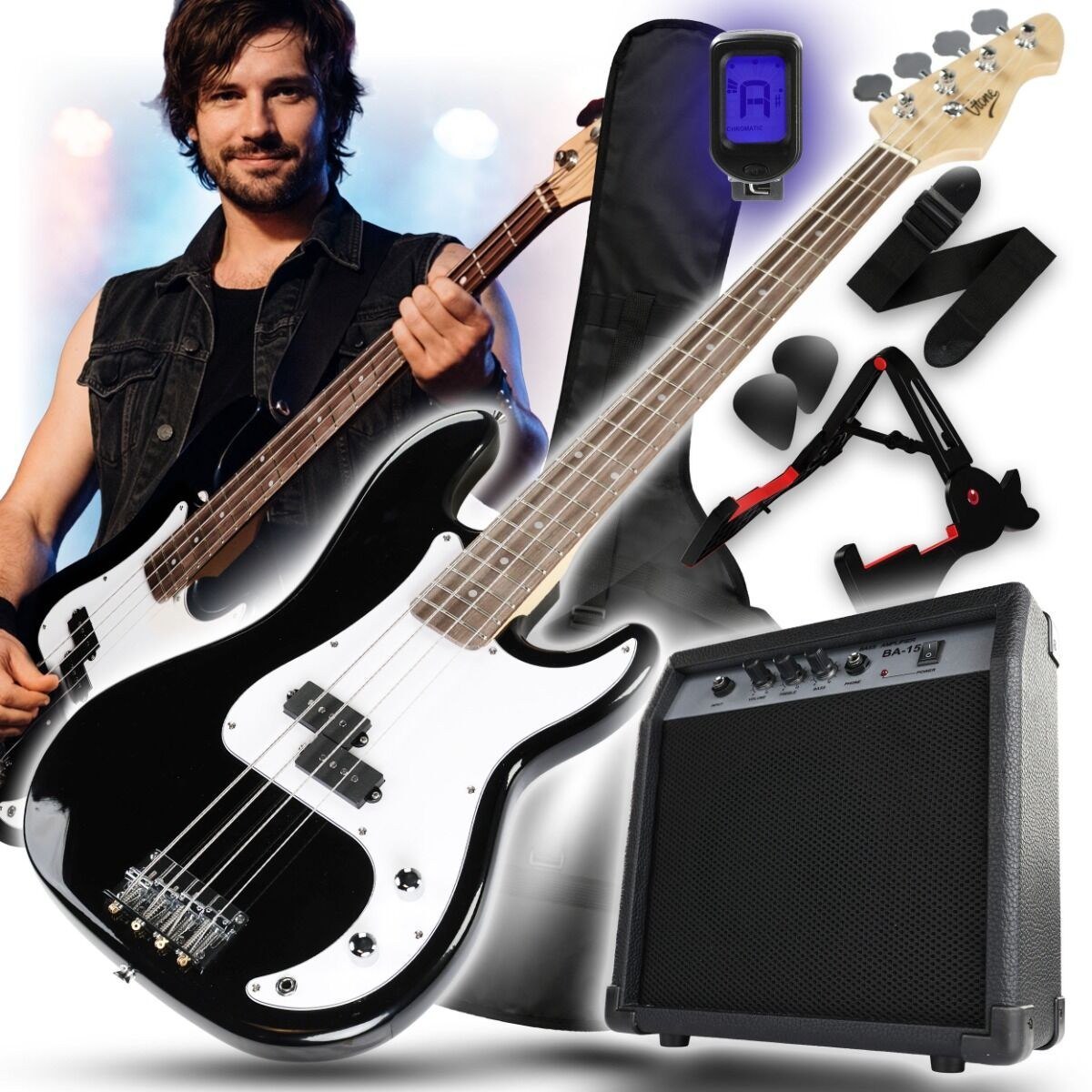V-TONE PBB46 BK SET zestaw gitarowy gitara basowa PB 46" combo basowe 15W statyw tuner pasek kostki do gry przewód gitarowy pokrowiec klucze do regulacji