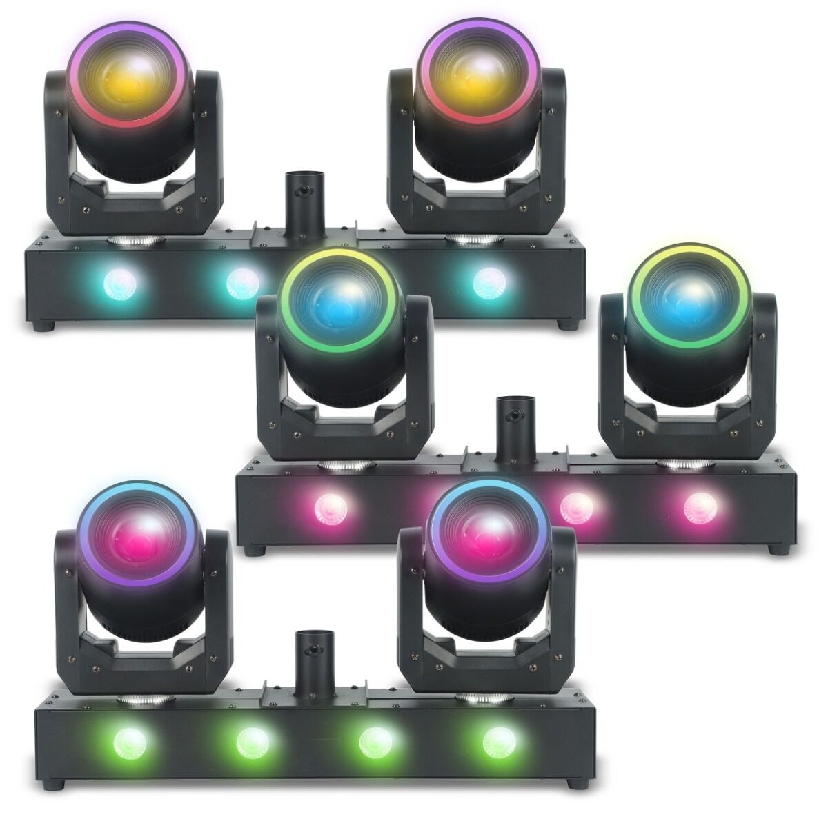 LIGHT4ME CLONE 2 multiefekt oświetleniowy 3w1 oświetlenie sceniczne LED DMX 2x głowica ruchoma spot 100W efekt ring 48x0,2W RGB efekt wash 4x12W RGBWAUV adapter statywu pilot bezprzewodowy 2x uchwyt montażowy omega