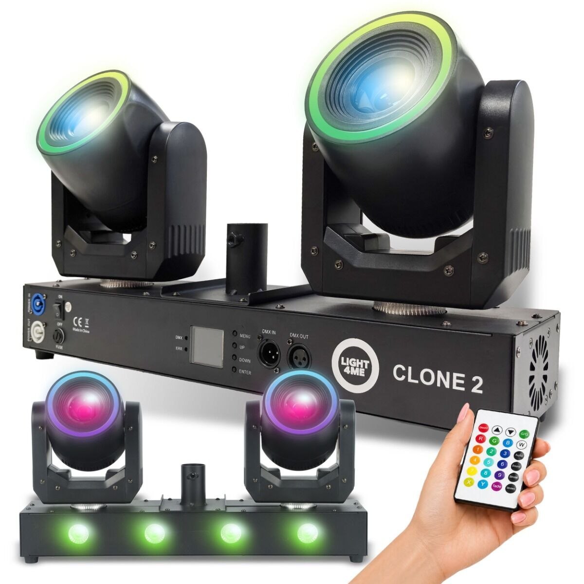 LIGHT4ME CLONE 2 multiefekt oświetleniowy 3w1 oświetlenie sceniczne LED DMX 2x głowica ruchoma spot 100W efekt ring 48x0,2W RGB efekt wash 4x12W RGBWAUV adapter statywu pilot bezprzewodowy 2x uchwyt montażowy omega