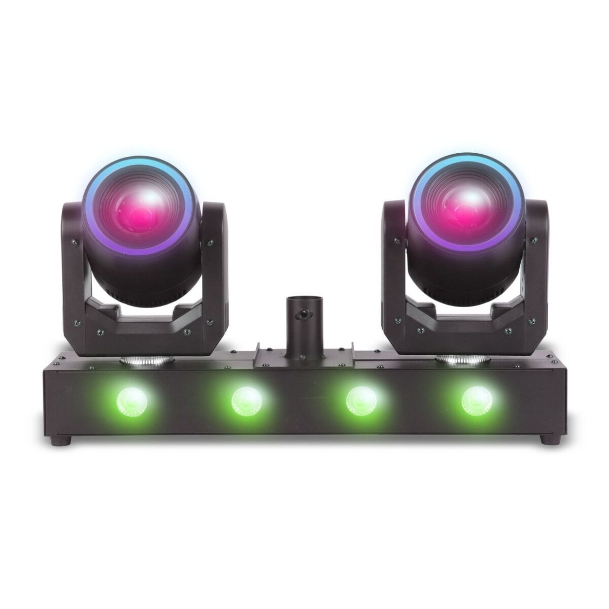 LIGHT4ME CLONE 2 multiefekt oświetleniowy 3w1 oświetlenie sceniczne LED DMX 2x głowica ruchoma spot 100W efekt ring 48x0,2W RGB efekt wash 4x12W RGBWAUV adapter statywu pilot bezprzewodowy 2x uchwyt montażowy omega
