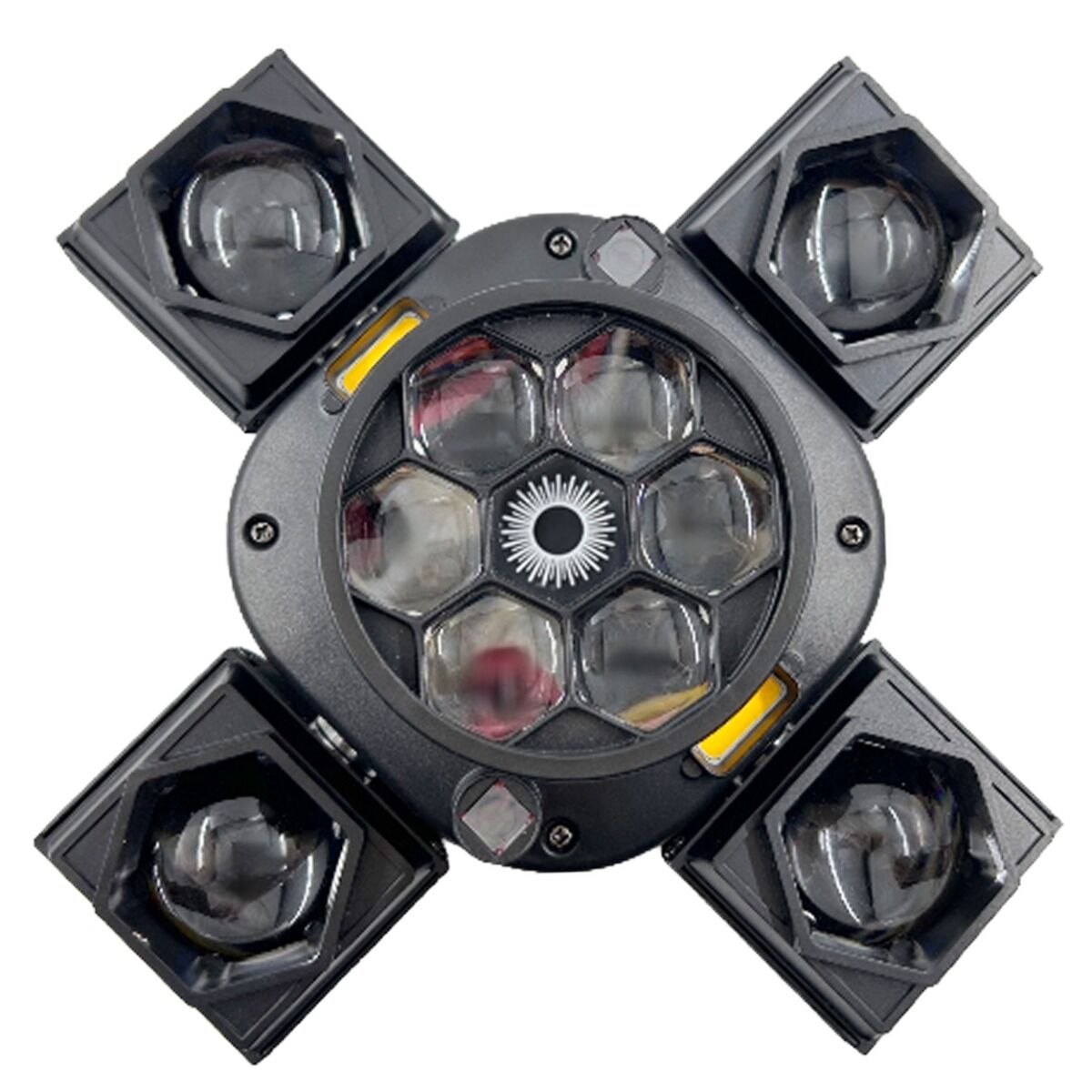 LIGHT4ME COSMOS BASIC ruchomy multiefekt oświetleniowy 4w1 oświetlenie sceniczne LED DMX Beam 4x15W RGBW CREE Bee Eye 6x8W RGBW laser czerwony 100 mW laser zielony 100 mW Golden Strobe 2x5W A pilot bezprzewodowy uchwyt montażowy omega