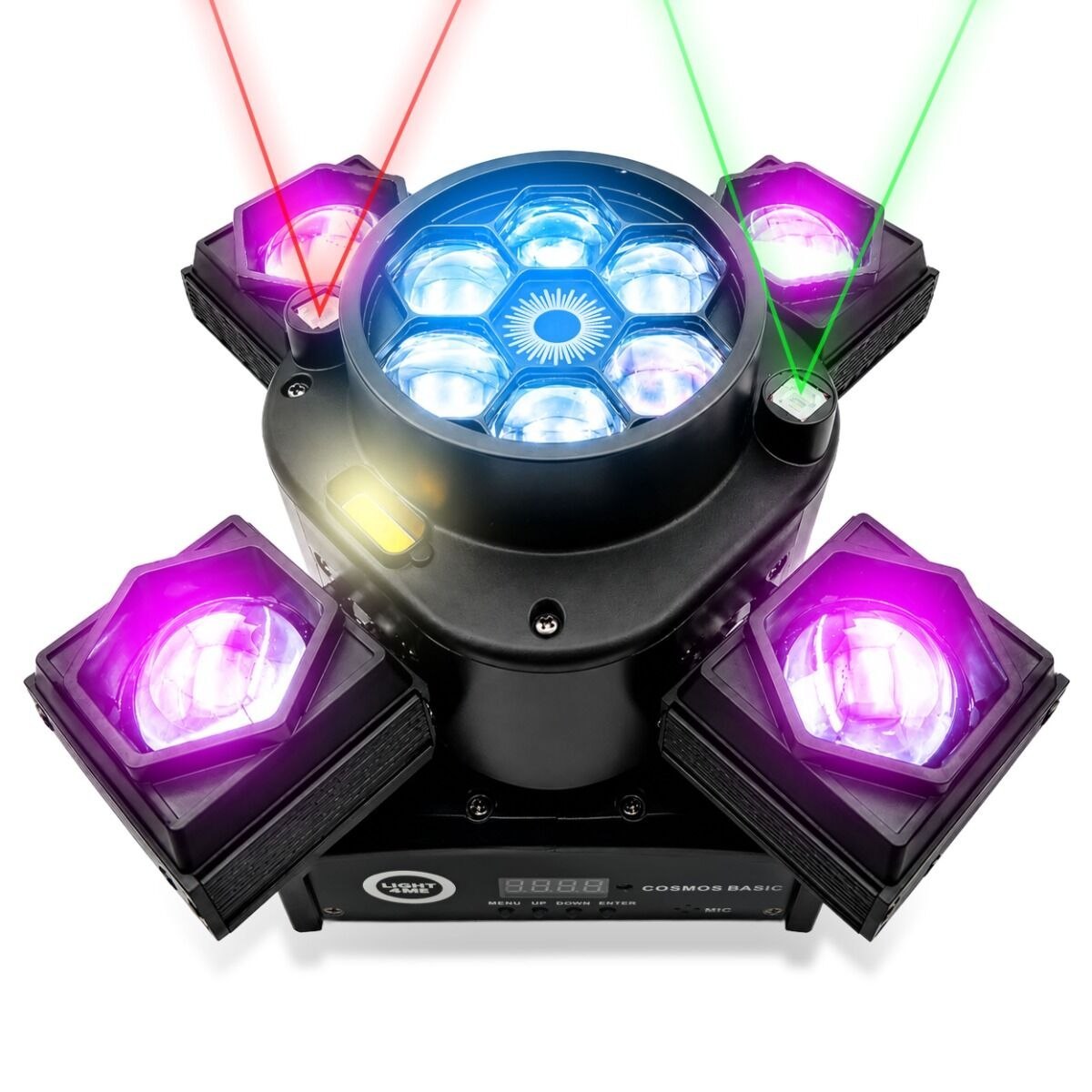 LIGHT4ME COSMOS BASIC ruchomy multiefekt oświetleniowy 4w1 oświetlenie sceniczne LED DMX Beam 4x15W RGBW CREE Bee Eye 6x8W RGBW laser czerwony 100 mW laser zielony 100 mW Golden Strobe 2x5W A pilot bezprzewodowy uchwyt montażowy omega