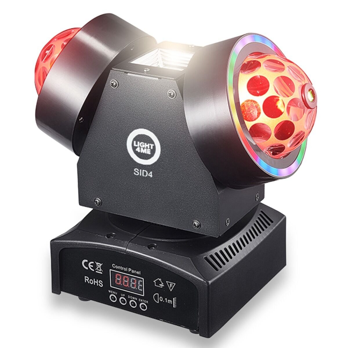 LIGHT4ME SID4 ruchomy multiefekt oświetleniowy 4w1 oświetlenie sceniczne LED DMX Magic Ball 8x3W R/G/B/W Ring 42x0,2W RGB laser czerwony 50 mW laser zielony 50 mW White Strobe 10W CW pilot bezprzewodowy uchwyt montażowy omega