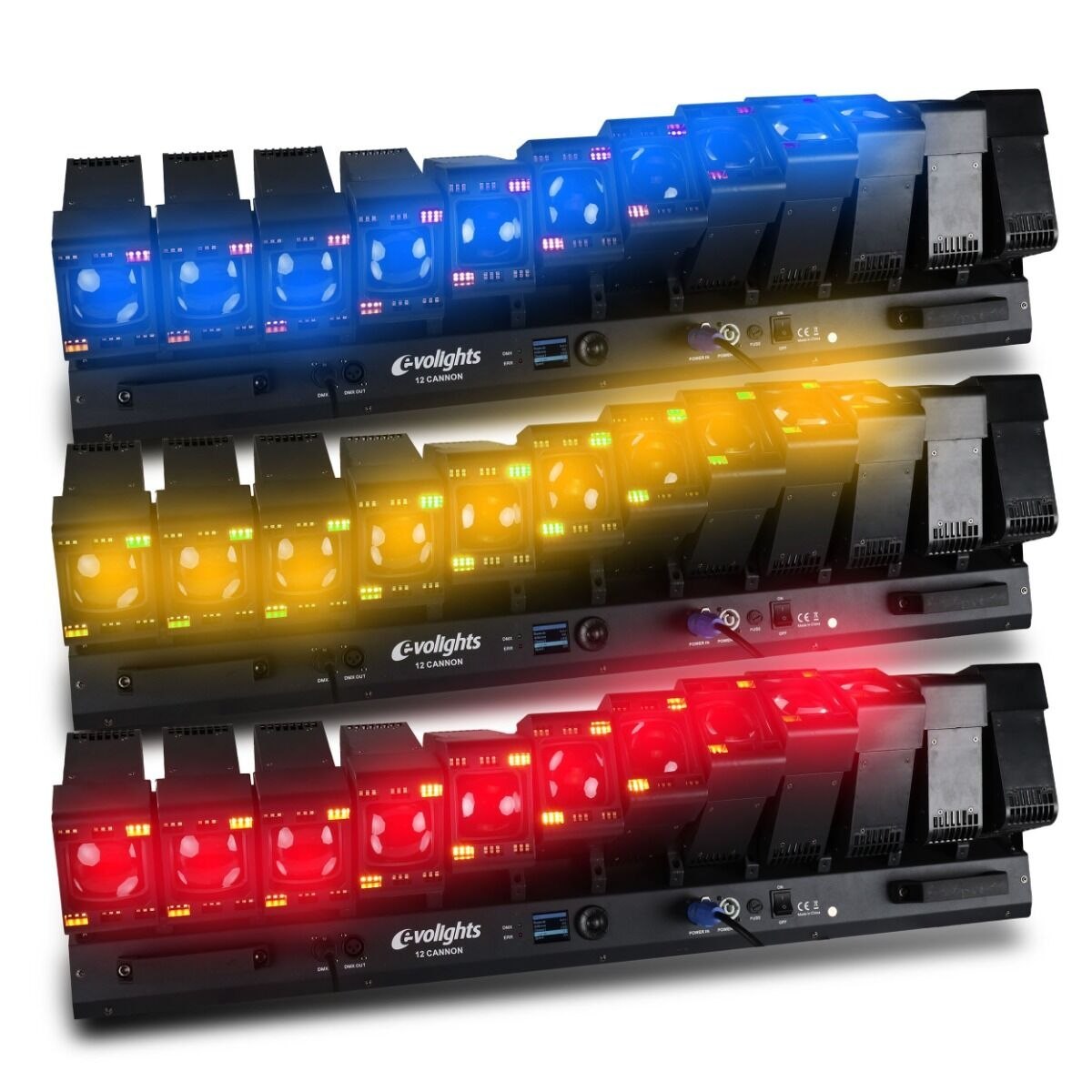 EVOLIGHTS 12 CANNON multiefekt oświetleniowy oświetlenie sceniczne LED DMX 12x głowica ruchoma beam 12x40W RGBW + 432x1W CW/WW 2x uchwyt montażowy omega