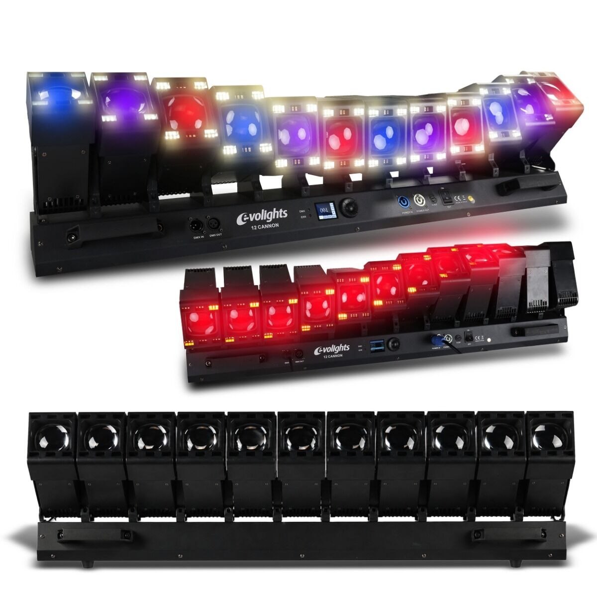 EVOLIGHTS 12 CANNON multiefekt oświetleniowy oświetlenie sceniczne LED DMX 12x głowica ruchoma beam 12x40W RGBW + 432x1W CW/WW 2x uchwyt montażowy omega
