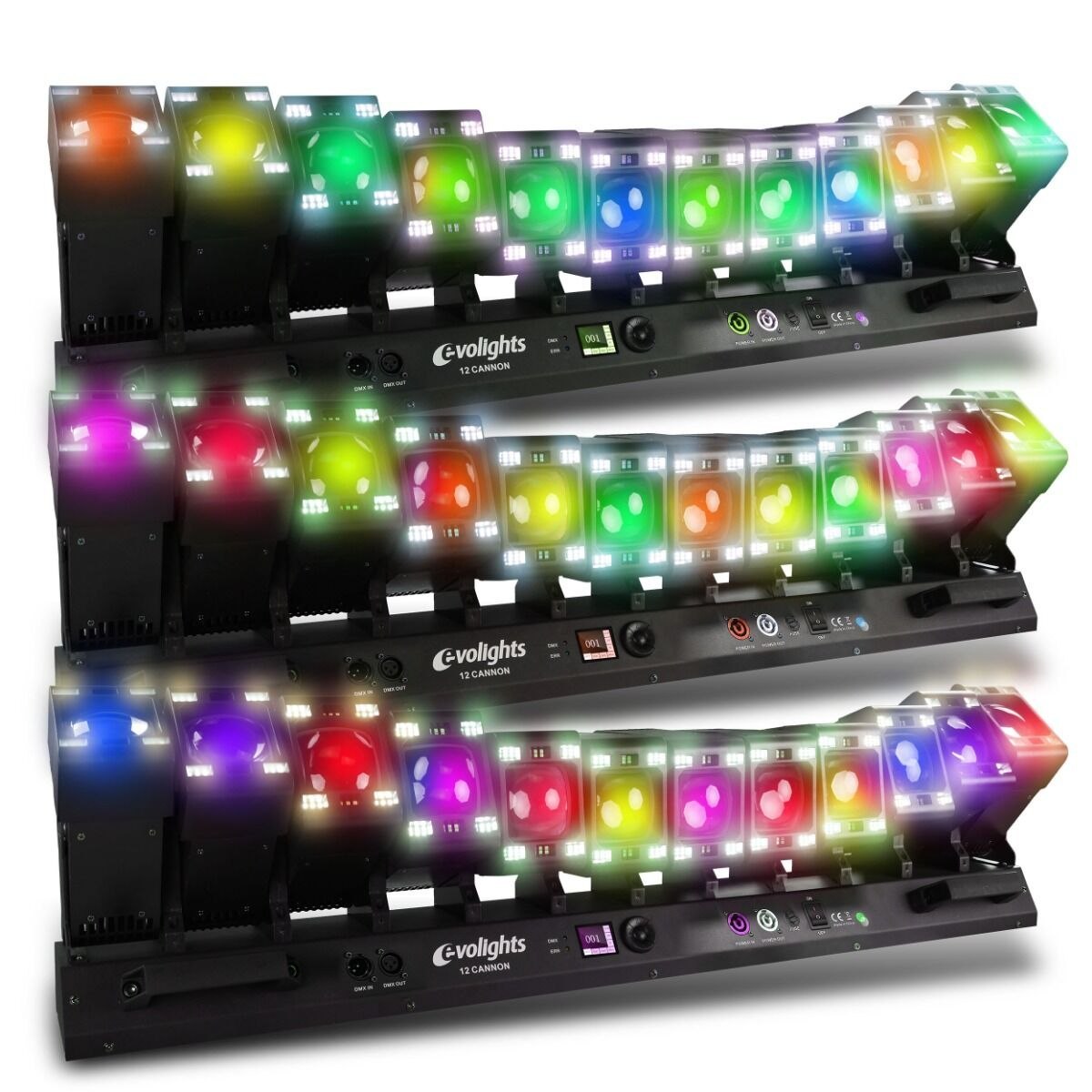 EVOLIGHTS 12 CANNON multiefekt oświetleniowy oświetlenie sceniczne LED DMX 12x głowica ruchoma beam 12x40W RGBW + 432x1W CW/WW 2x uchwyt montażowy omega