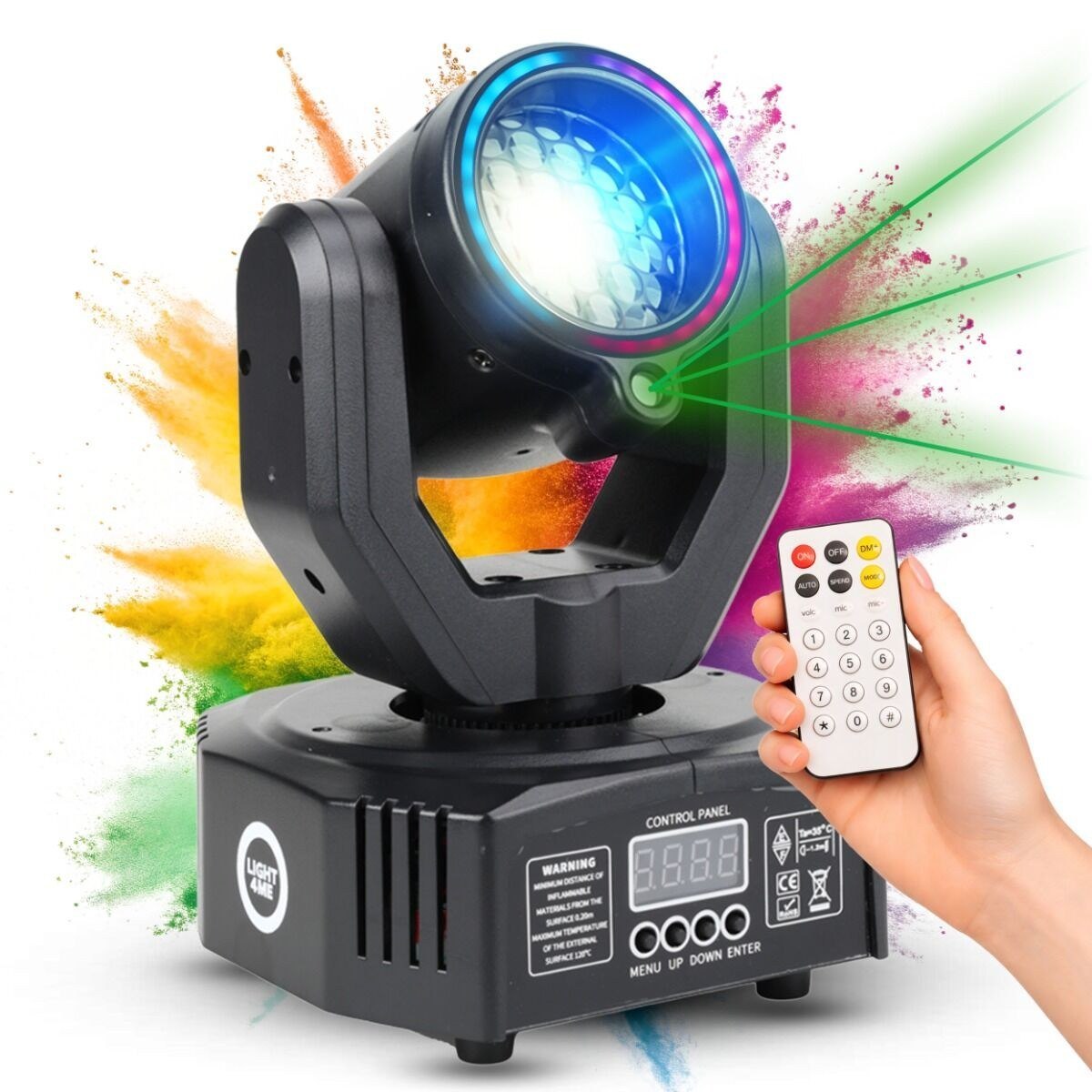 LIGHT4ME MAGIC HEAD głowica ruchoma FX LED DMX gobo beam ring laser zielony 50 mW pilot bezprzewodowy uchwyt montażowy 6x3W SMD 3535 R/G/B + 12x0,2 SMD 5050 RGB
