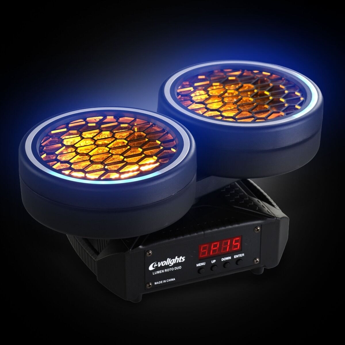 EVOLIGHTS LUMEN ROTO DUO ruchomy efekt oświetleniowy LED DMX nieskończona rotacja 6x40W WW + 62x0,5W RGB efekt ring uchwyt montażowy omega