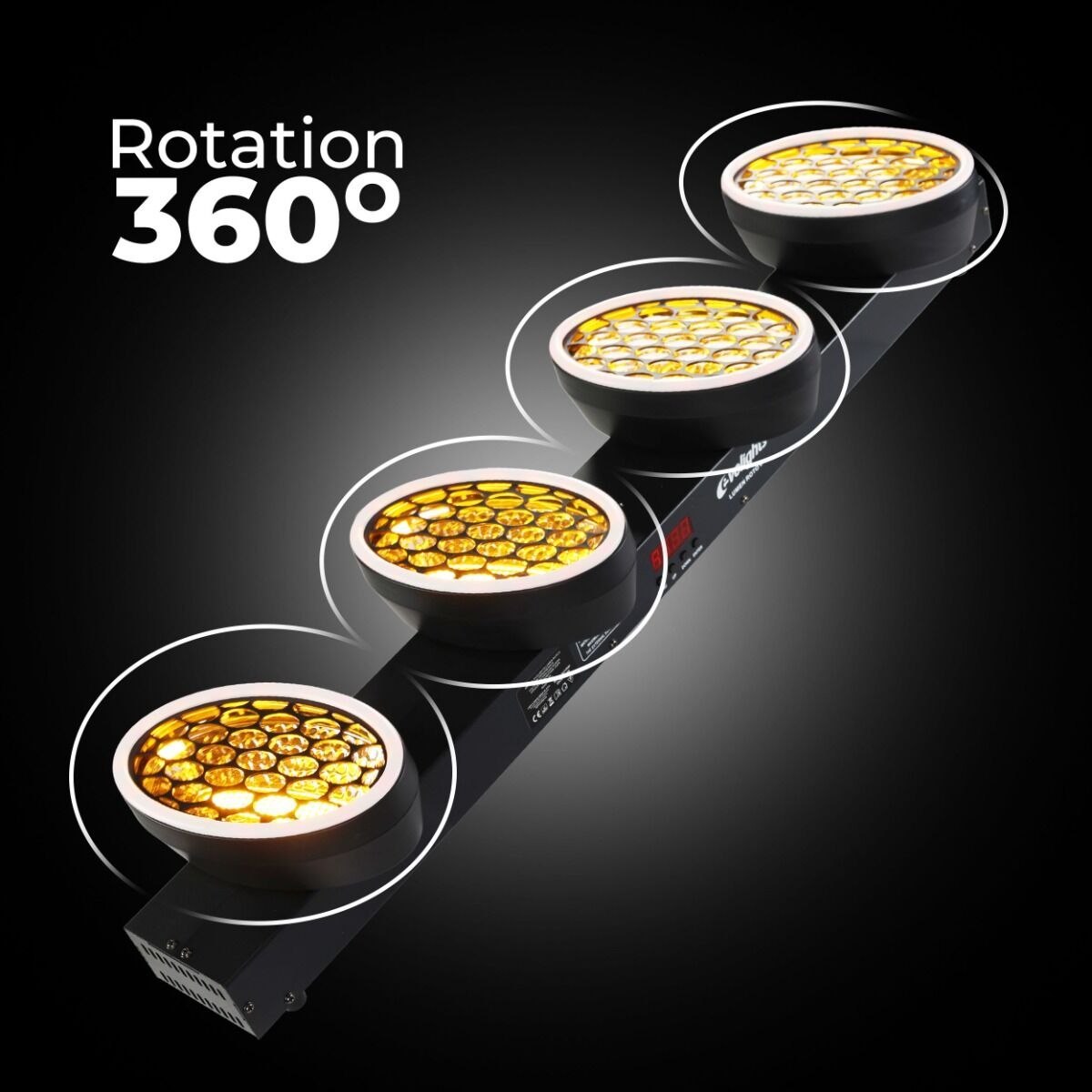 EVOLIGHTS LUMEN ROTO 0 ruchomy efekt oświetleniowy LED DMX nieskończona rotacja 4x40W WW COB + 220x0,2W RGB efekt ring efekt tła 2x uchwyt montażowy omega 2x łącznik do urządzeń