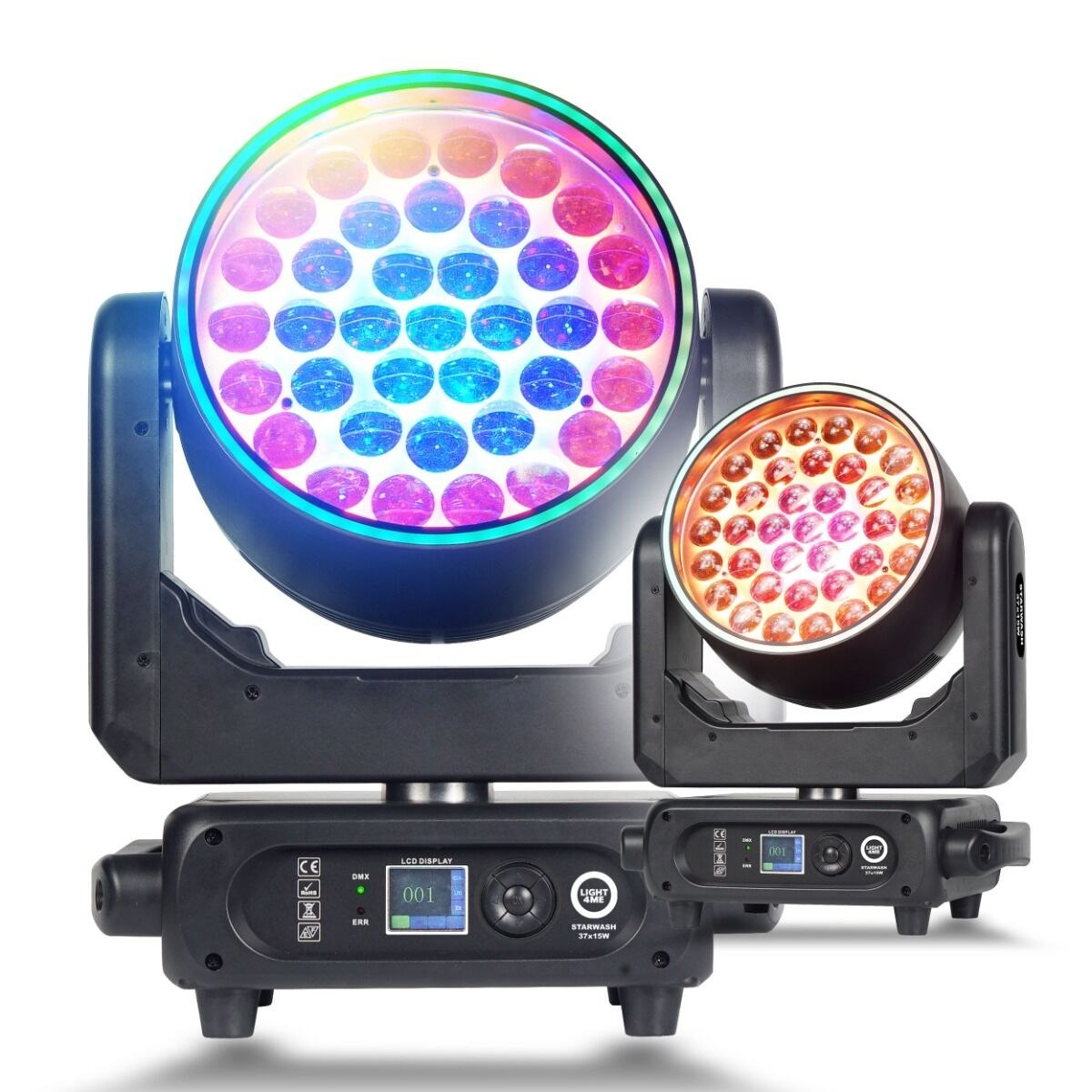 LIGHT4ME STARWASH 37x15W RGBW głowica ruchoma wash oświetlenie sceniczne LED DMX 162x0,5W RGB SMD 5050 efekt ring efekt tła 2x uchwyt montażowy omega
