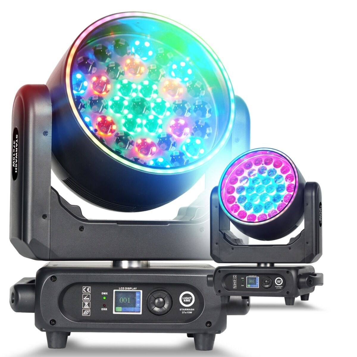 LIGHT4ME STARWASH 37x15W RGBW głowica ruchoma wash oświetlenie sceniczne LED DMX 162x0,5W RGB SMD 5050 efekt ring efekt tła 2x uchwyt montażowy omega