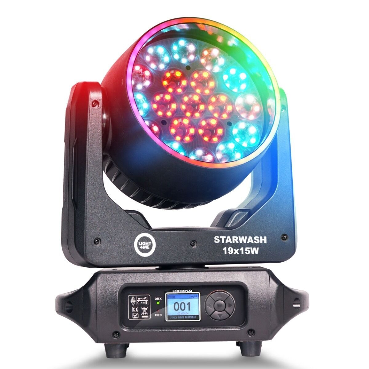 LIGHT4ME STARWASH 19x15W RGBW głowica ruchoma wash oświetlenie sceniczne LED DMX 162x0,5W RGB SMD 5050 2x efekt ring 2x uchwyt montażowy omega