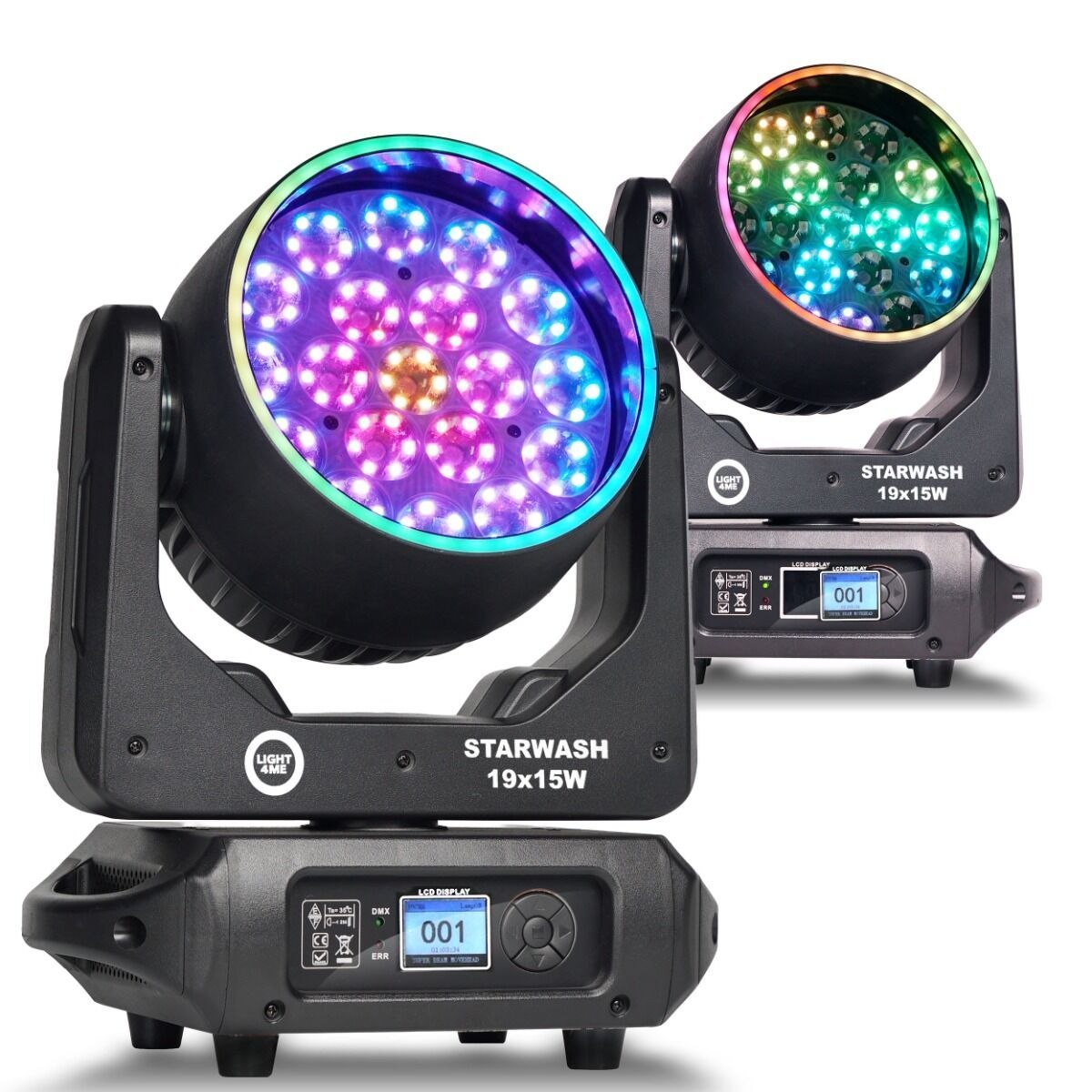 LIGHT4ME STARWASH 19x15W RGBW głowica ruchoma wash oświetlenie sceniczne LED DMX 162x0,5W RGB SMD 5050 2x efekt ring 2x uchwyt montażowy omega