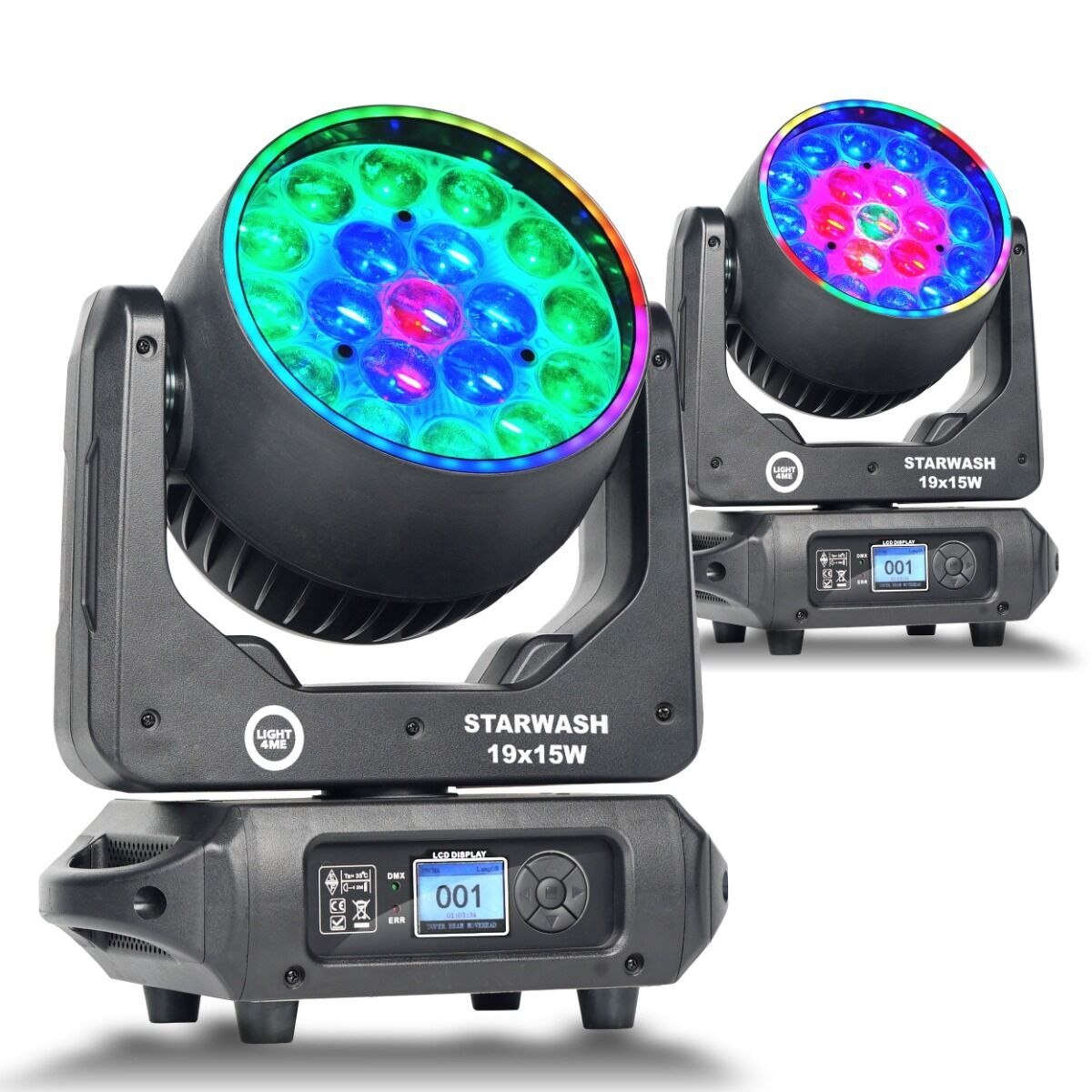 LIGHT4ME STARWASH 19x15W RGBW głowica ruchoma wash oświetlenie sceniczne LED DMX 162x0,5W RGB SMD 5050 2x efekt ring 2x uchwyt montażowy omega