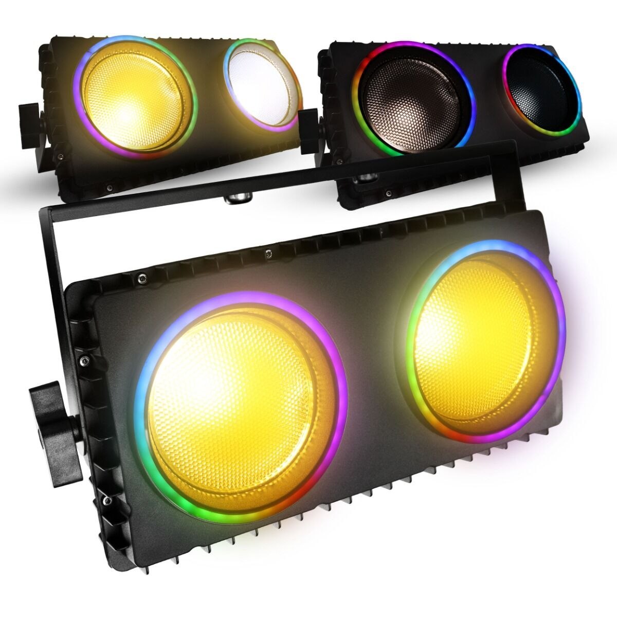 EVOLIGHTS BLINDER IP65 2x150W oświetlacz sceniczny LED DMX 2x150W CW/WW COB + 72x0,3W RGB efekt ring uchwyt montażowy omega