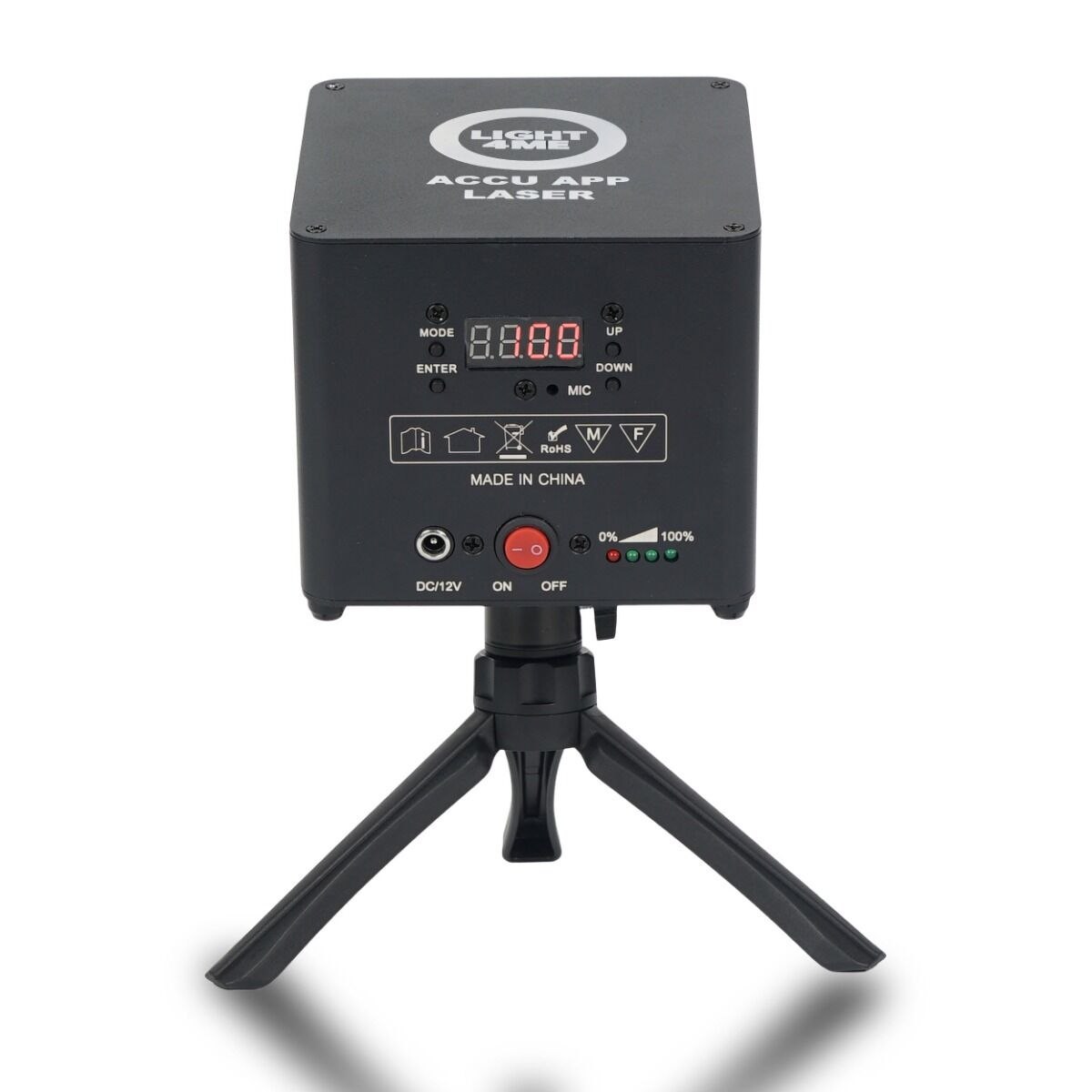 LIGHT4ME ACCU APP LASER akumulatorowy projektor skaner laserowy oświetlenie sceniczne RGB 200/100/200 mW 5000 mAh Bluetooth statyw trójnożny sterowanie smartfonem